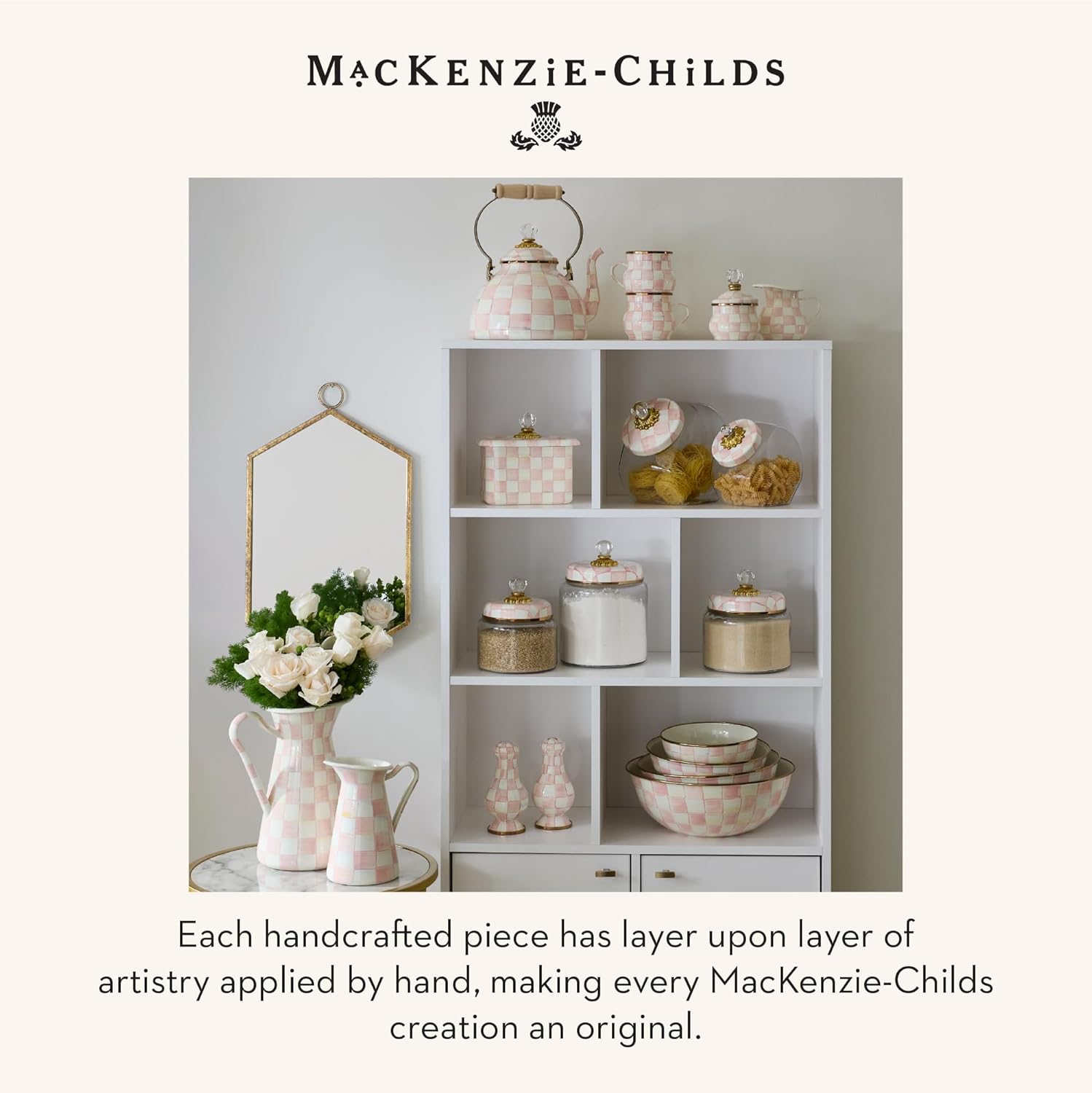 MACKENZIE-CHILDS Enamel Recipe Box, Index Card Box with Lid, Includes 40 Recipe Cards, Pink-and-White Rosy Check