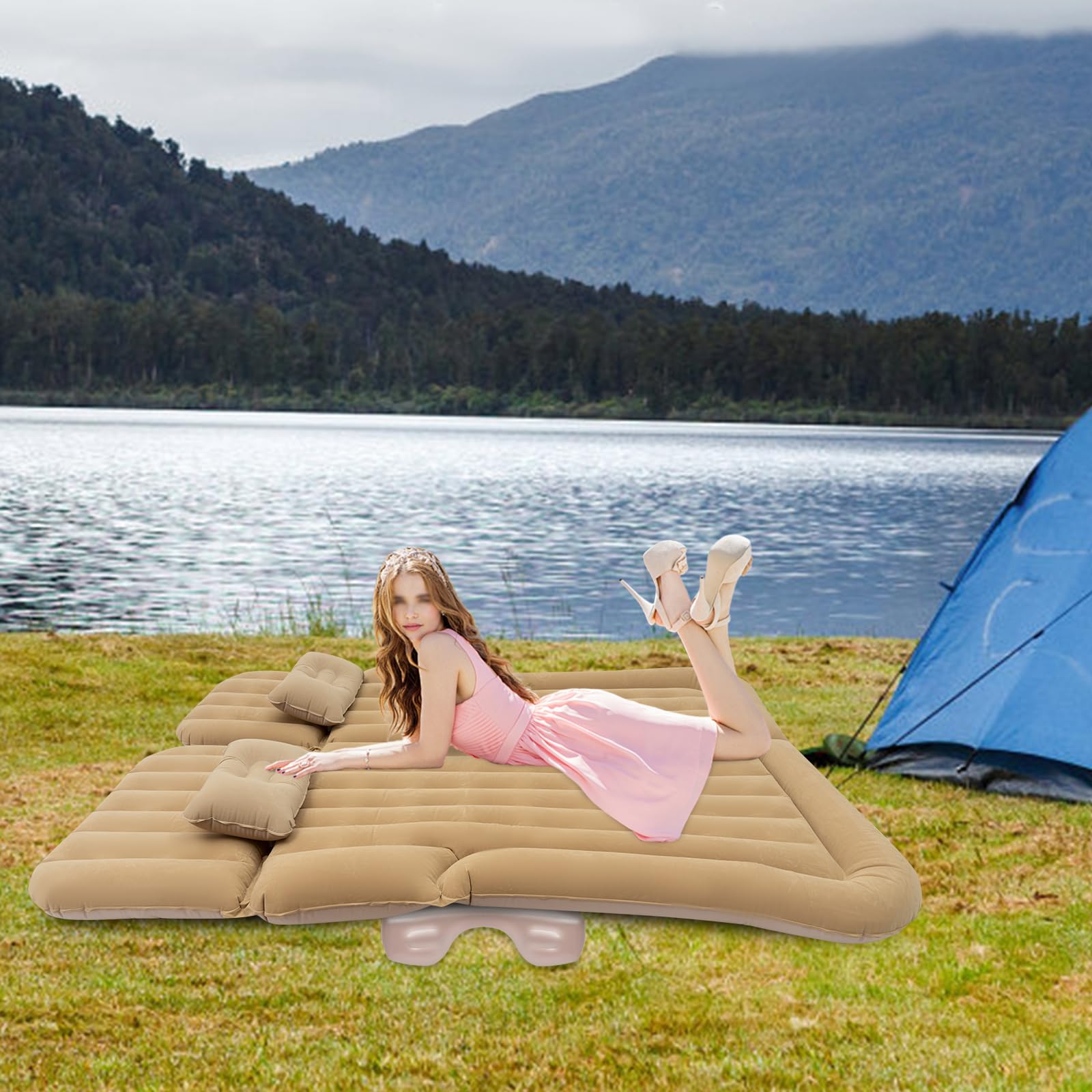 Materasso ad aria per auto, SUV e campeggio, con pompa e 2 cuscini, autogonfiabile, portata: 250 kg, per viaggi, campeggio, attività all'aperto, 174 x 126 cm (beige)