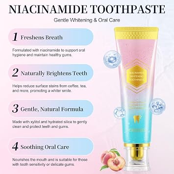 Niacinamide Whitening Toothpaste 2 PCS, Niacinamide Intensive Toothpaste, Teeth Whiten & Fresh Breath, Deep Gentle Cleaning Tooth Paste, Boosting Gum Health,Mint & Peach Flavor 3.53OZ