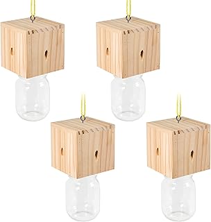 4 PCS Wood Carpenter Bee Trap for Outside - Best Bee Trap - Cube Style Nature Hanging Carpenter Bee Traps Plastic Jar Outdoor - Insect Traps