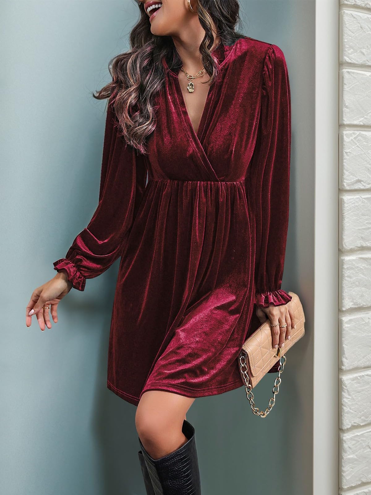 Wowcarbazole Abito da donna in velluto con scollo a V, vita imperiale, maniche lunghe, inverno, vacanze, feste, tunica, mini abito