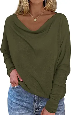 Okiwam Women's Fall Tops Long Batwing Sleeve Shirts Boat Neck Off The Shoulder Loose Tunic Blouses 2025 Fashion Clothes
