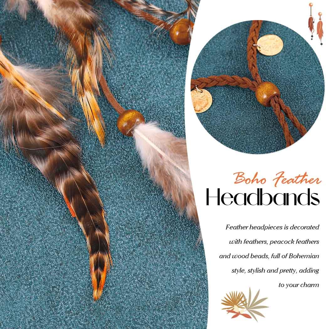 Fashband Indian Feather Headband Boho Coins Tassel Hippie Headdress Tribal Beads Festival Headpiece Hair Accessoriess for Women (A - Image 4