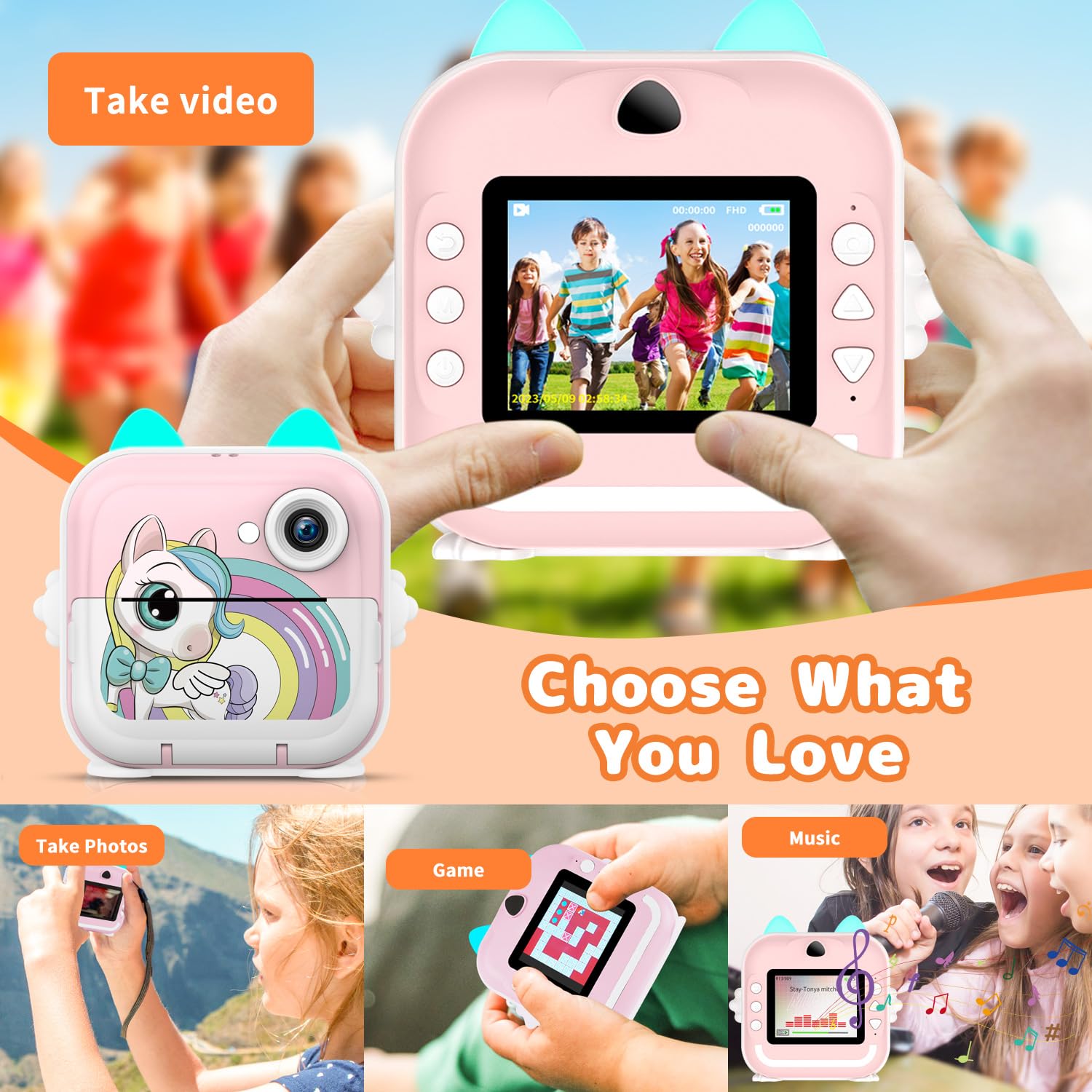 Kinderkamera Sofortbildkamera, 2,4" Display Digitalkamera & Videokamera für Kinder mit 3 Rollen Thermopapier & 32G Karte, Geschenke für Jungen und Mädchen 6+ Jahre