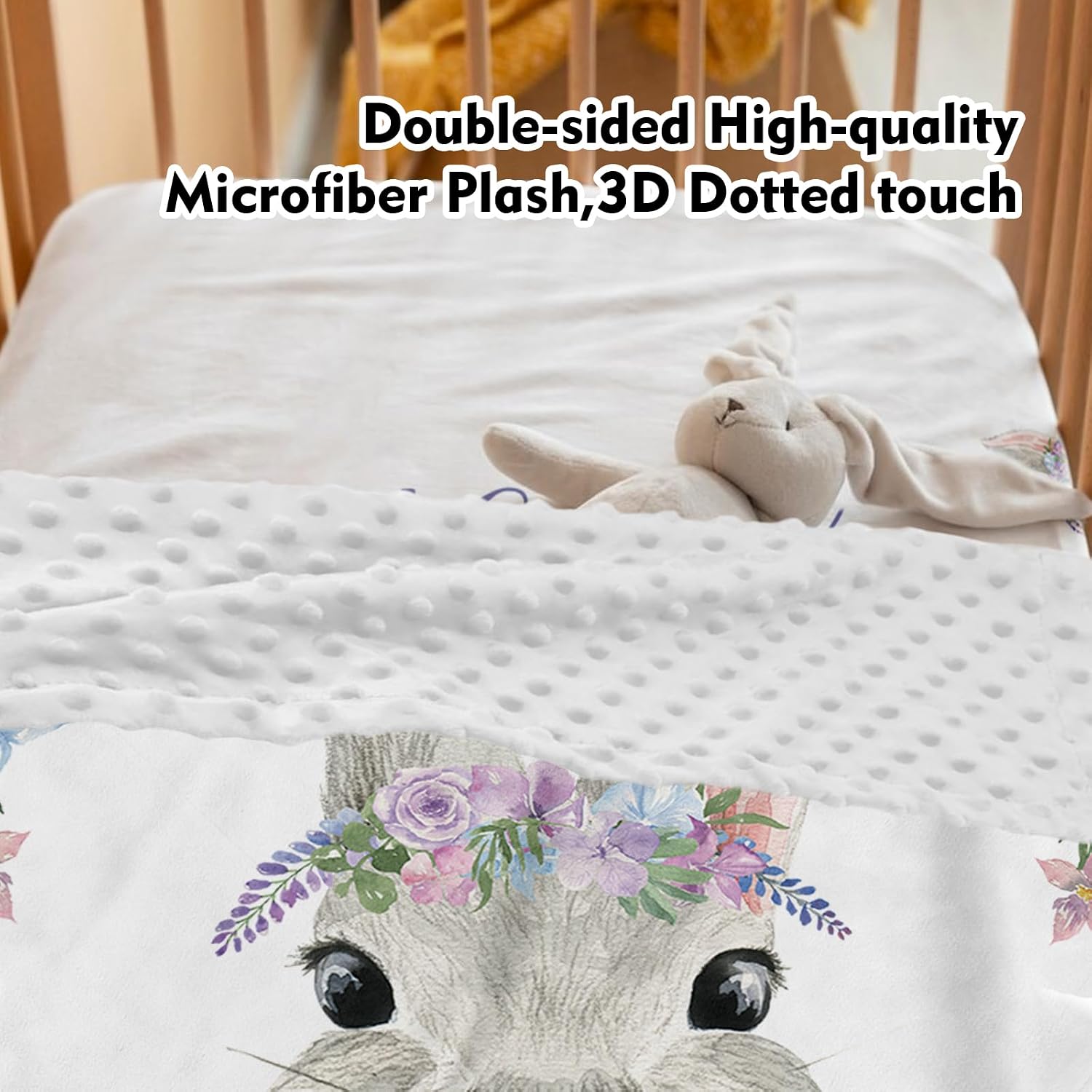 Personalized Baby Crib Bedding Set - 4-Piece Custom Name Nursery Set with Rabbit Theme, Includes Blanket, Fitted Crib Sheet, Rug and Wall Art – Unique Room Decor for Boys Girls