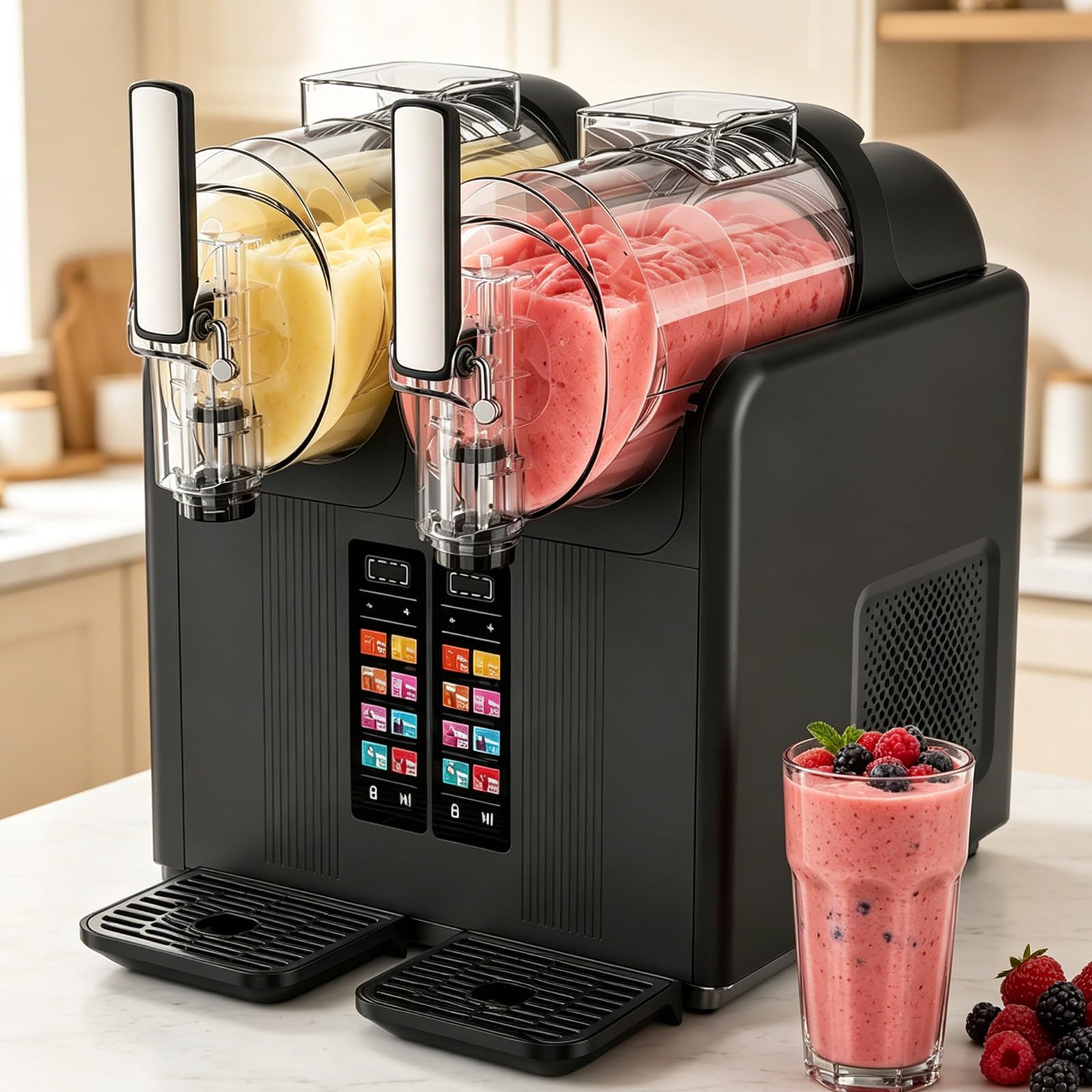 Elektrische Slush-Maschine, 2 X 2 L Doppelbehälter, Touch-Bedienung, Eisgetränke- Und Softeismaschine Mit 7 Programmen, Selbstreinigung, Für Den Privaten Und Gewerblichen Gebrauch Black