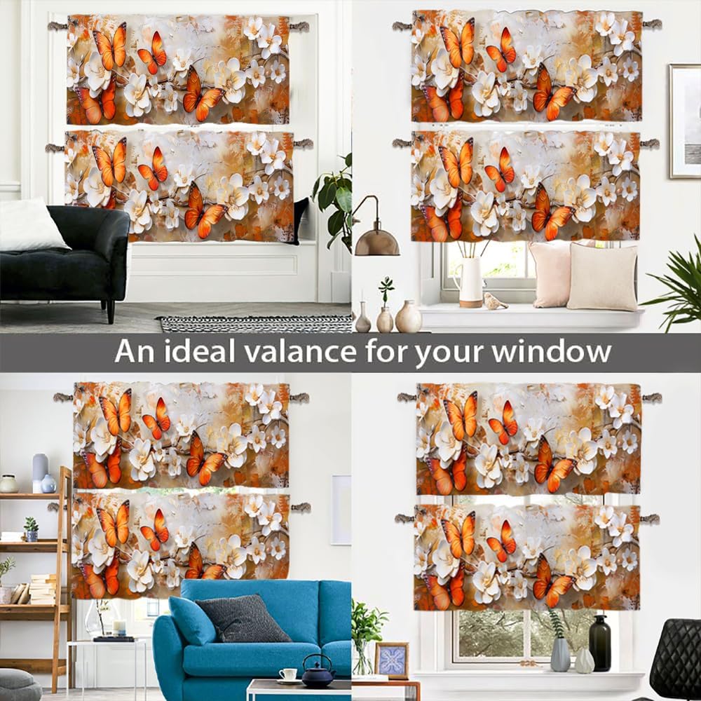 2 Panels Retro Butterfly Floral Valance for Windows, Novelty Animal Rod Pocket Valance Curtains Home Decor Window Treatment for Kitchen/Living Room, 54" X 18"