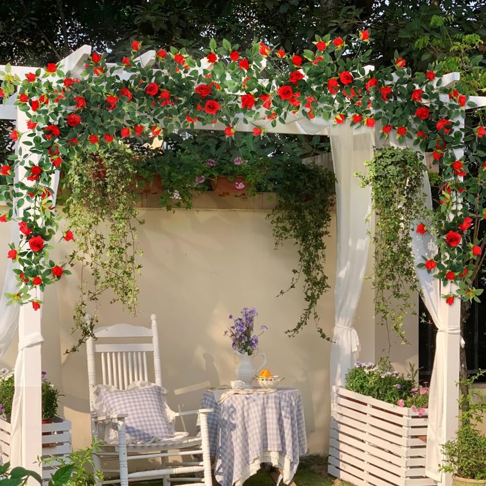 2Pcs Artificial Flower Garland 5.9ft Bendable Fake Rose Vine Hanging Silk Ivy Floral Plants Garland for Wedding Arch Party Outdoor Garden Ceremony Background Trellis Fence, Total 11.8Ft, Red