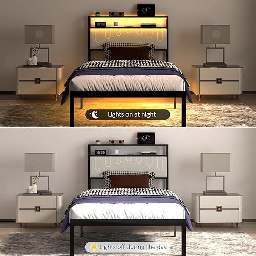 Miniatura 7 de Marcos de cama individual con luces LED y estación de carga, marco de plataforma de metal con cabecera tapizada, no necesita somier, sin ruido,