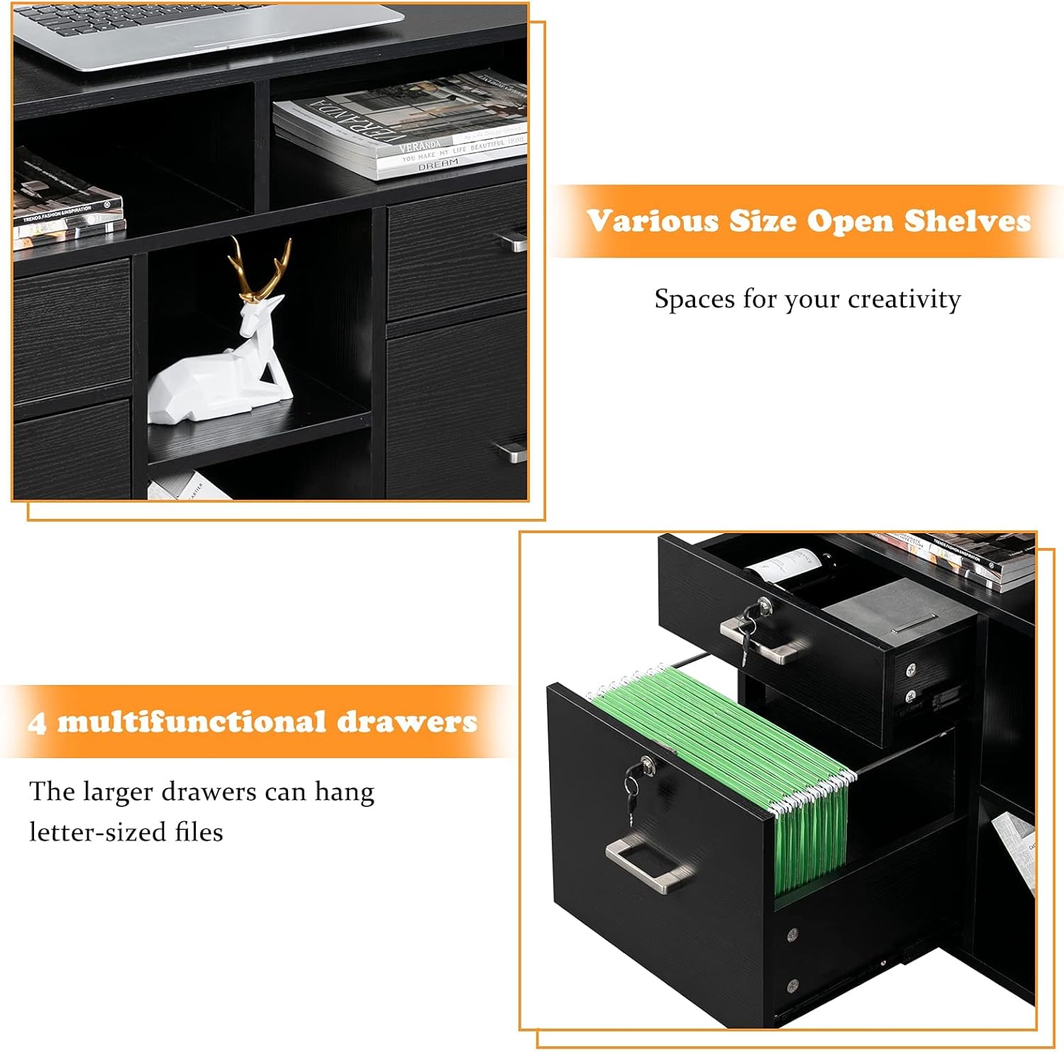 VINGLI Wood Mobile File Cabinet with 4 Drawers and Shelves, Printer Stand with Open Storage, Locking Lateral Filing Cabinet for Home Office, Black