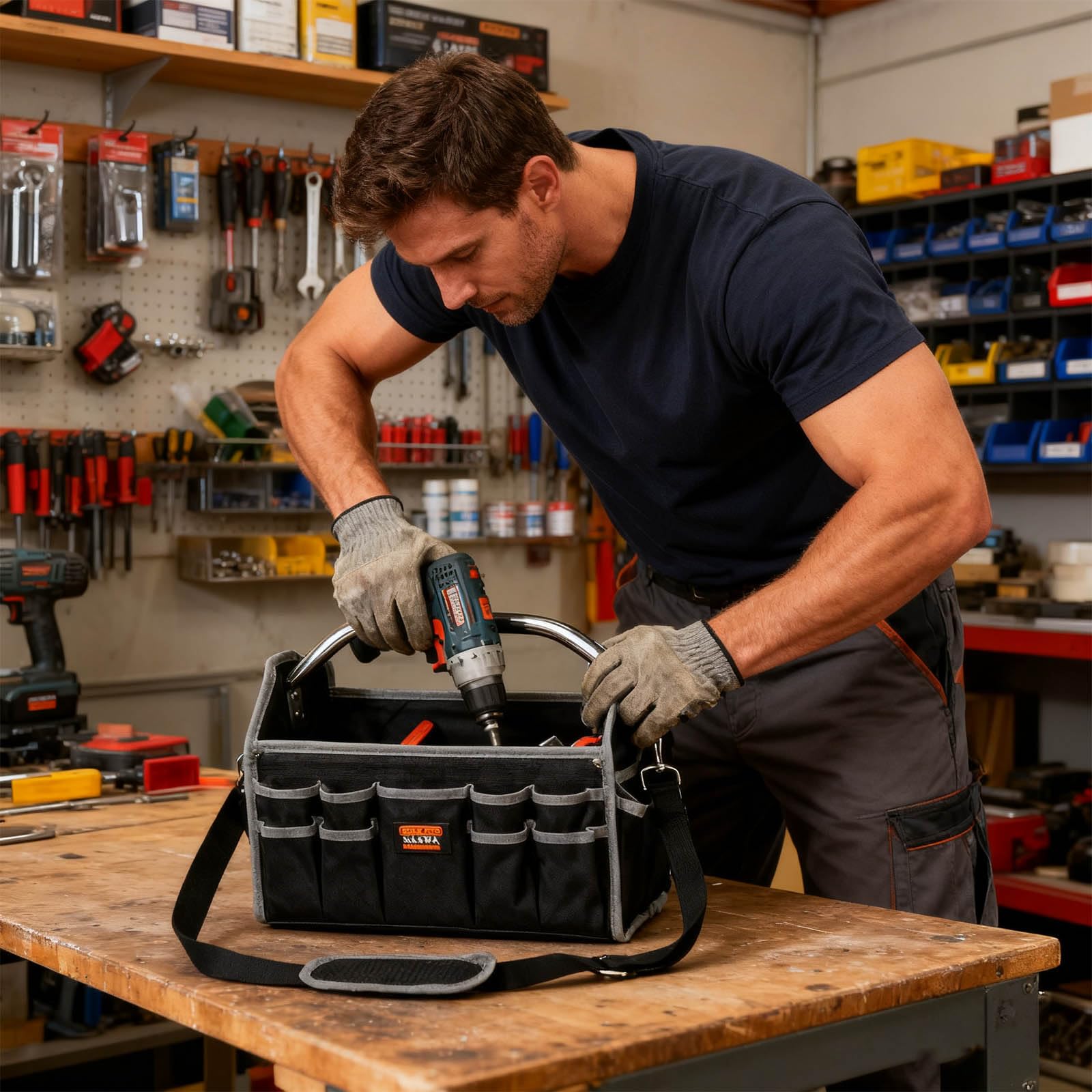 Robusto organizer per attrezzi da trasporto a mano resistente all'acqua, con tasche multiple e fondo rinforzato per meccanici e lavoratori tecnici, borsa multiuso impermeabile