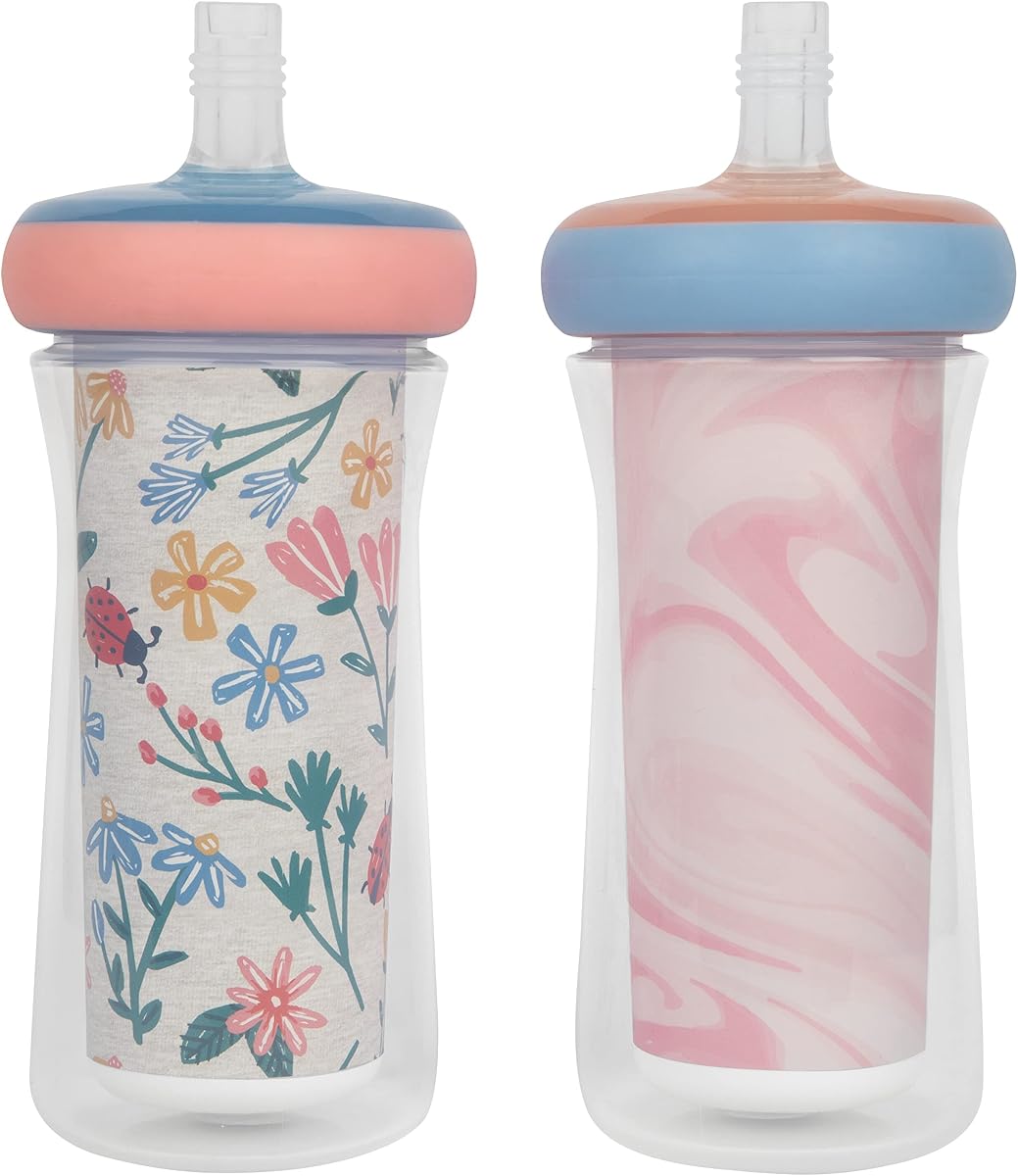 The First Years Insulated Straw Cups for Toddlers 2pk – Ladybug & Marbled – Pink & Blue