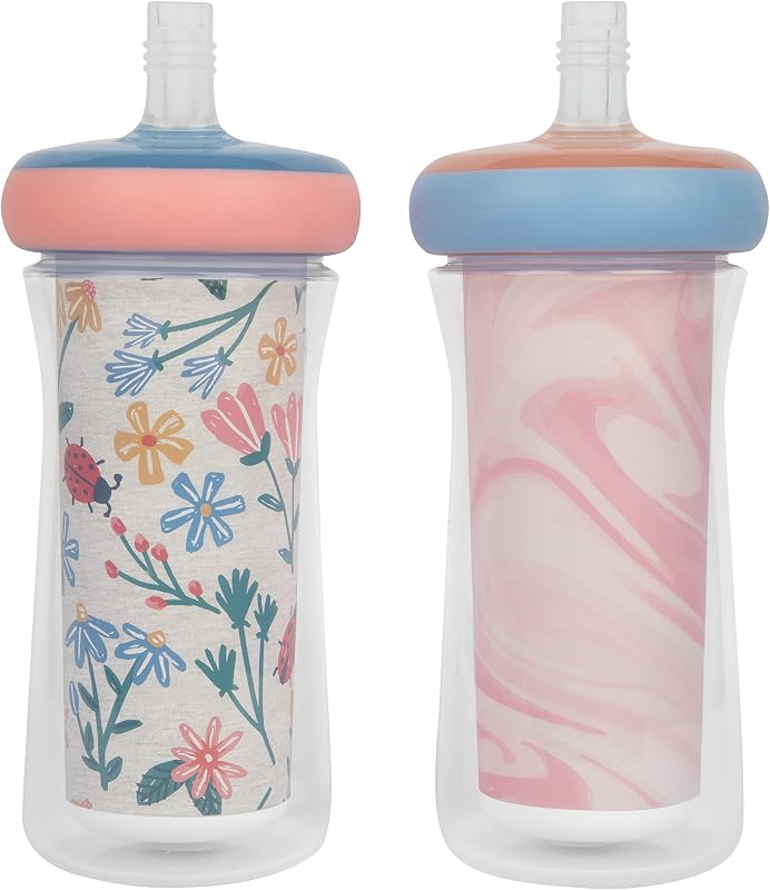 The First Years Insulated Straw Cups for Toddlers 2pk – Ladybug & Marbled – Pink & Blue