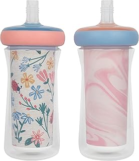 The First Years Insulated Straw Cups for Toddlers 2pk – Ladybug & Marbled – Pink & Blue