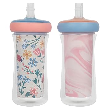 The First Years Insulated Straw Cups for Toddlers 2pk Ladybug & Marbled Pink & Blue