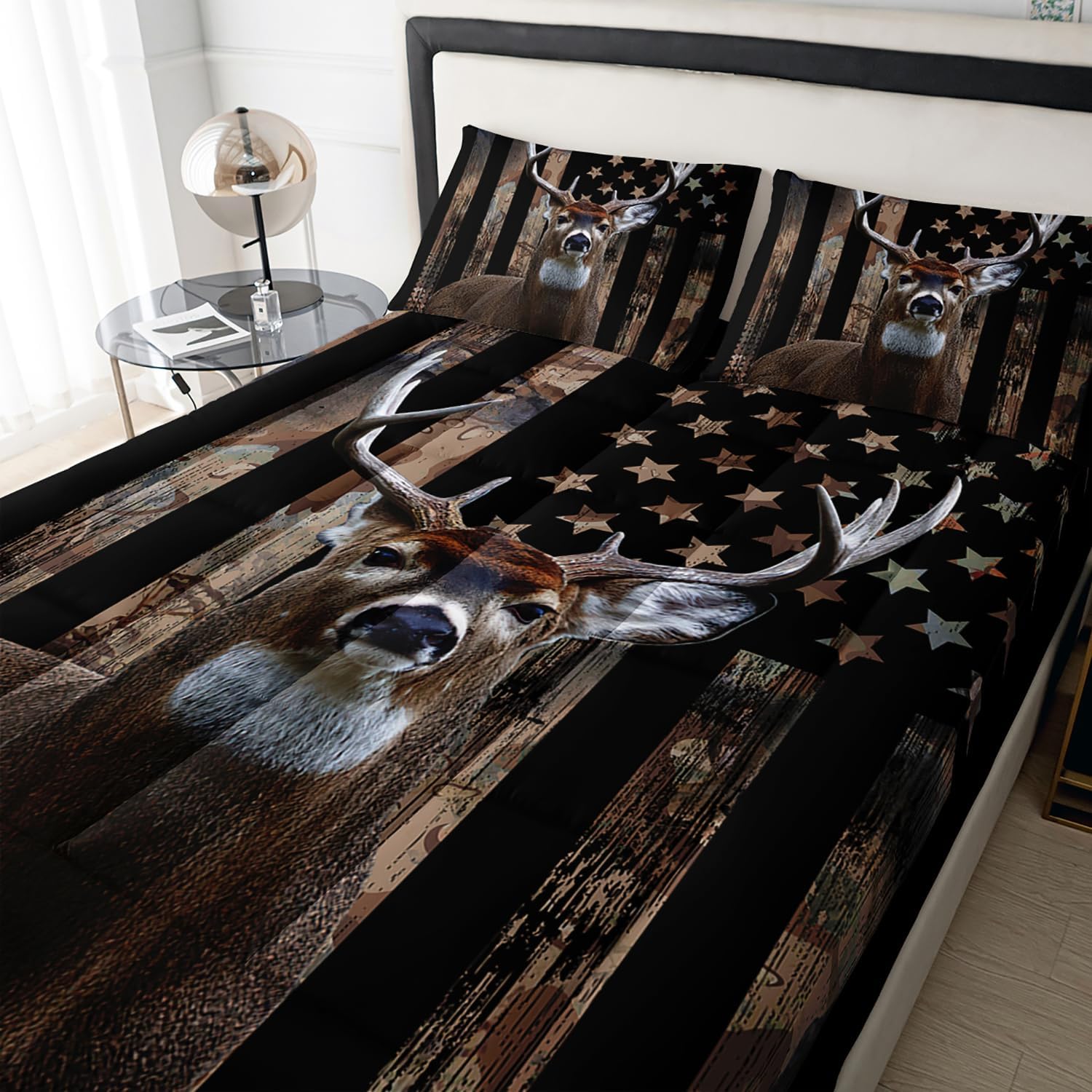 HOSIMA Twin Mattress Protector American Flag Deer Print Design,Deer Hunting Mattress Pads Cover with Deep Pocket.Noiseless Breathable Mattress Cover for Teens Boys Room Decor with 2 Pillowcases.