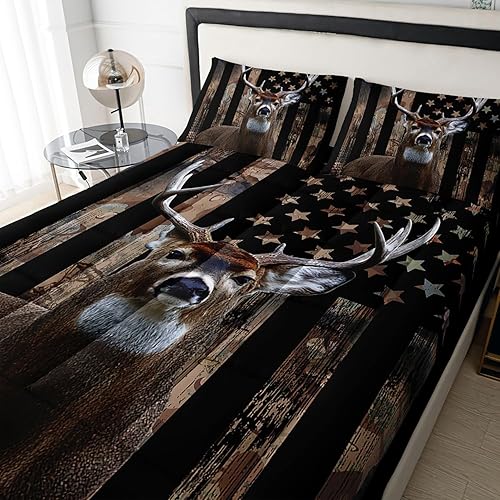 Miniatura 4 de HOSIMA Protector de colchón tamaño Queen con 2 fundas de almohada, diseño de bandera estadounidense y estampado de ciervos, funda de colchón para