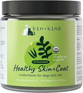 kin+kind Organic Multivitamin for Dogs & Cats - Vitamins and Supplements for Immune Support, Healthy Skin and Coat - Natural Formula with Wheatgrass, Kelp, Flax Seed, Seaweed and Coconut - Made in USA