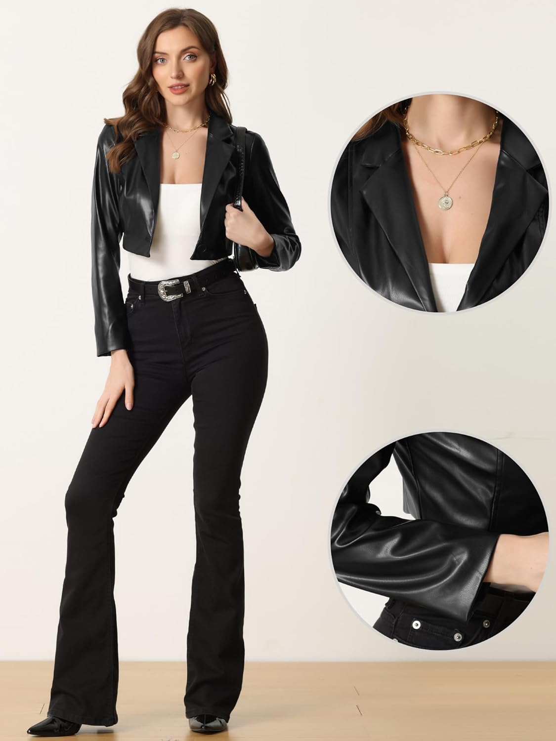 Allegra K Cropped Leather Jacket for Women's PU Casual Moto Jackets - Image 2