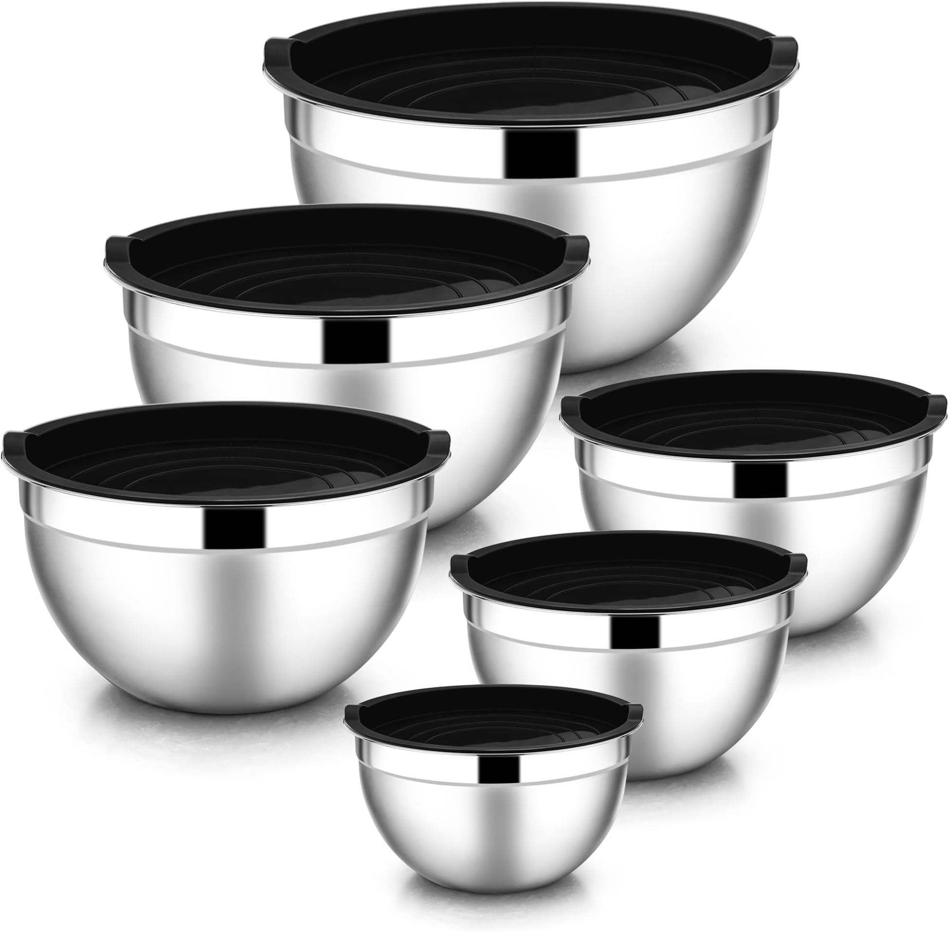 E-far Mixing Bowls with Lids, 12-Piece Stainless Steel Salad Bowls Metal Nesting Bowls for Baking Cooking and Prepping, Airtight Lids & Stackable Design, Size 7, 4.5, 3, 1.5, 1.2, 0.7 QT (Black)