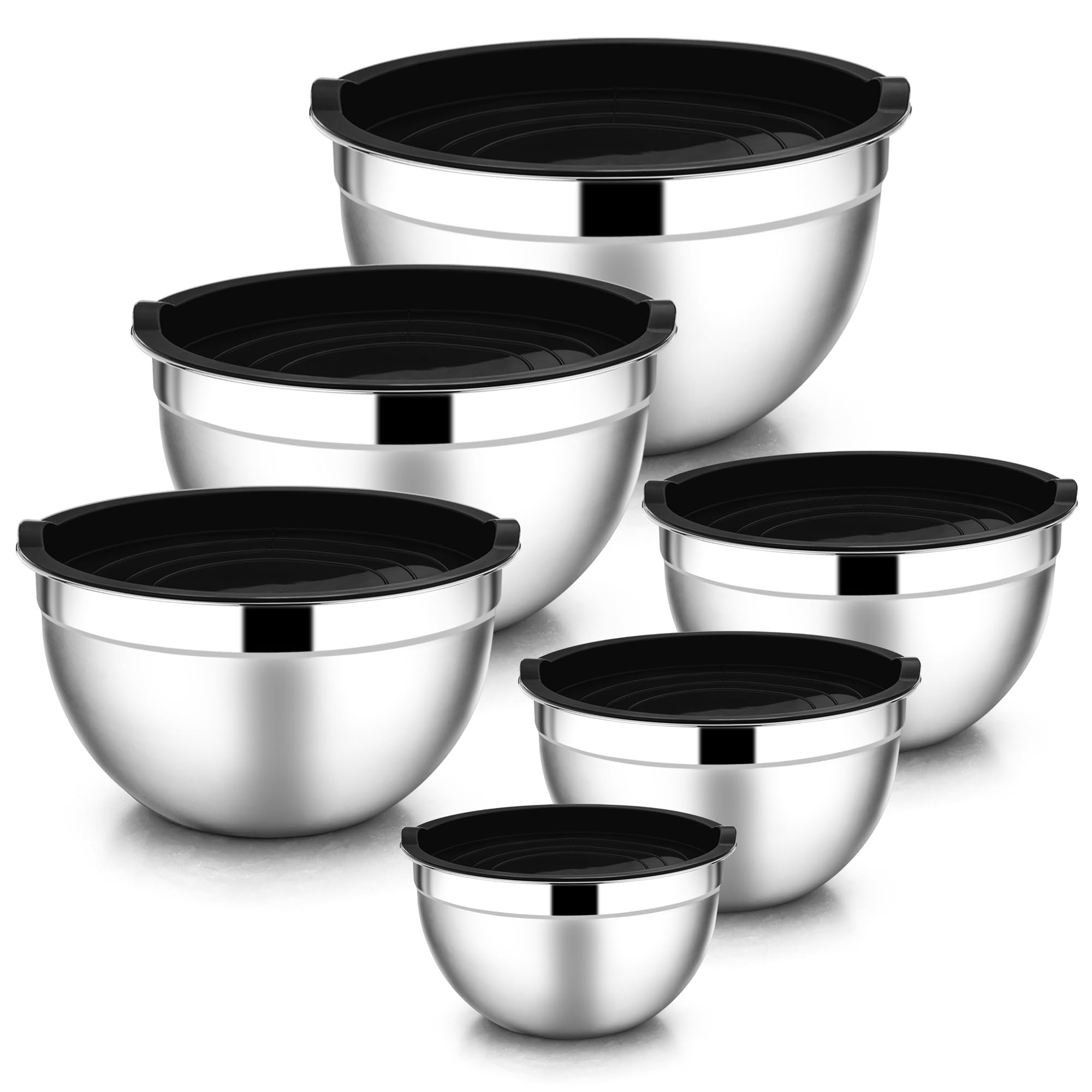 E-far Mixing Bowls with Lids, 12-Piece Stainless Steel Salad Bowls Metal Nesting Bowls for Baking Cooking and Prepping, Airtight Lids & Stackable Design, Size 7, 4.5, 3, 1.5, 1.2, 0.7 QT (Black)