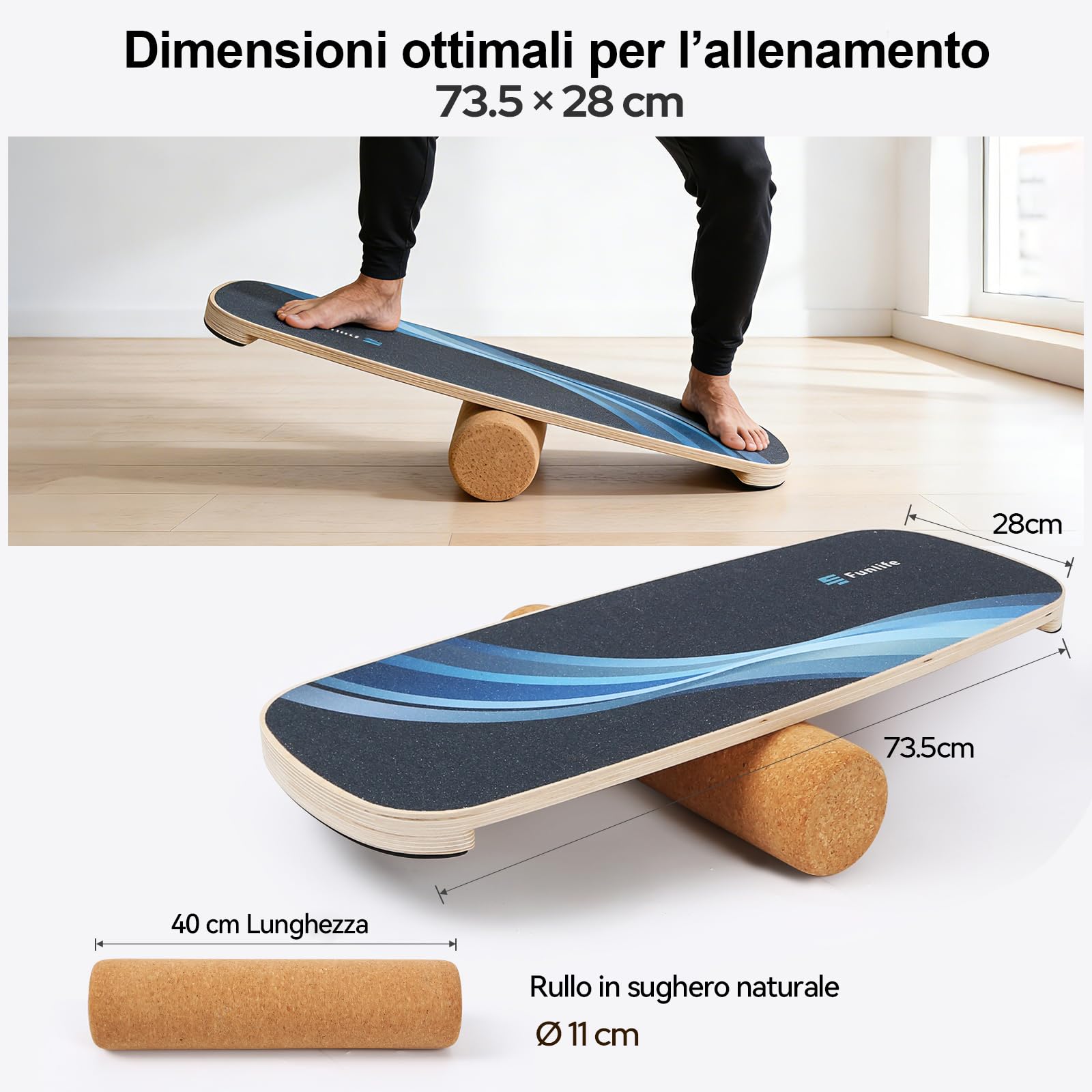 FunLife Balance Board ovale in legno di betulla con 3 fasce fitness - Set WAVE | Allenamento dell'equilibrio per allenamento del core, equilibrio, coordinazione e stabilità, antiscivolo, fino a 150 kg