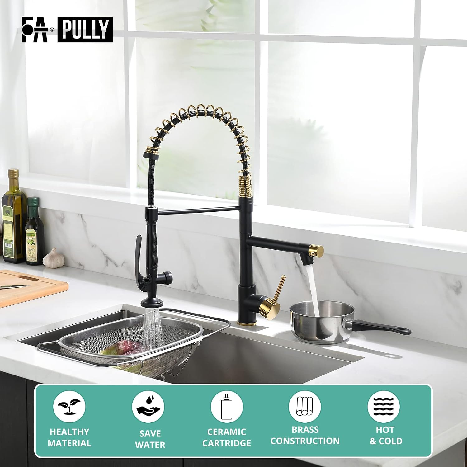 Fapully Black&Gold Kitchen Faucet with Sprayer,Commercial Pull Down Kitchen Faucet for Kitchen Sink