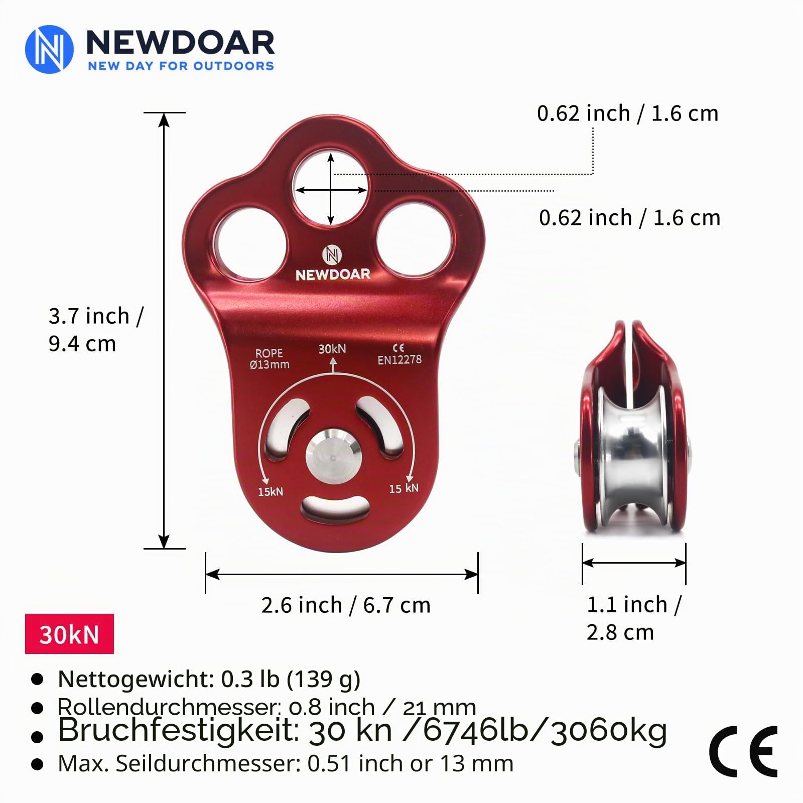 NewDoar 30 KN CE-zertifizierte DREI-Loch-Rettungs Kletterrolle Mikro Seilrolle für max. 13 mm Umlenkrolle mit Lager zum Abseilen, langlebige Seitenplatten