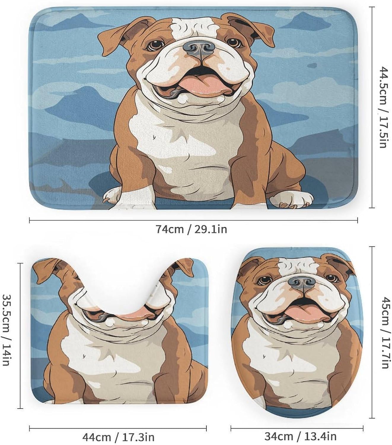English Bulldog Seamless Illustration 4Pcs Shower Curtain Set with Non-Slip Rugs, Toilet Lid Cover and Bath Mat,Bathroom Set Decor Accessories,Curtain Set with 12 Hooks, 72 X 72 Inch