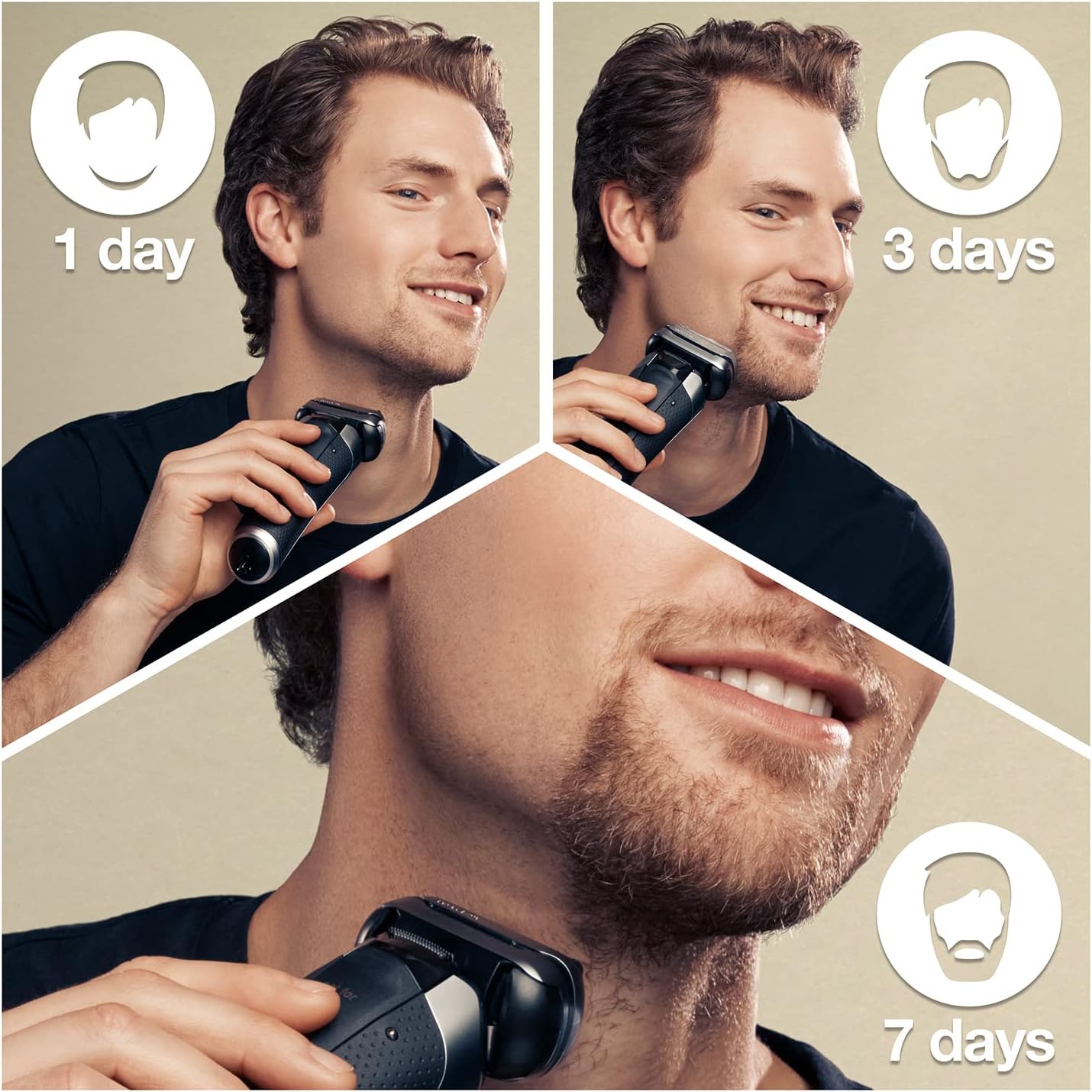 Man demonstrating shaving results on 1-day, 3-day, and 7-day beard growth