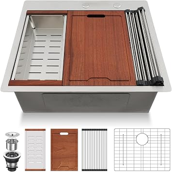 Lordear Drop In Kitchen Sink 25 Inch Stainless Steel Drop In Workstation Sinks 16 Gauge Ledge Workstation 25x22 Drop-in Topmount Single Bowl Kitchen Sink With Accessories