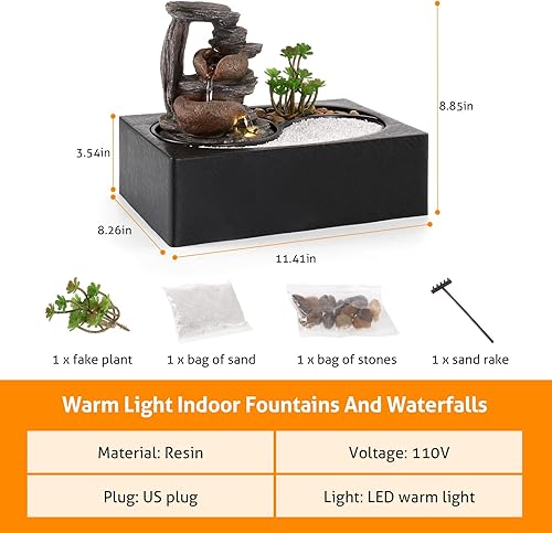 Miniatura 6 de WICHEMI Fuente de agua para interiores, fuente de agua, fuente de mesa, fuente de relajación de jardín zen con luz LED cálida para oficina, hogar y
