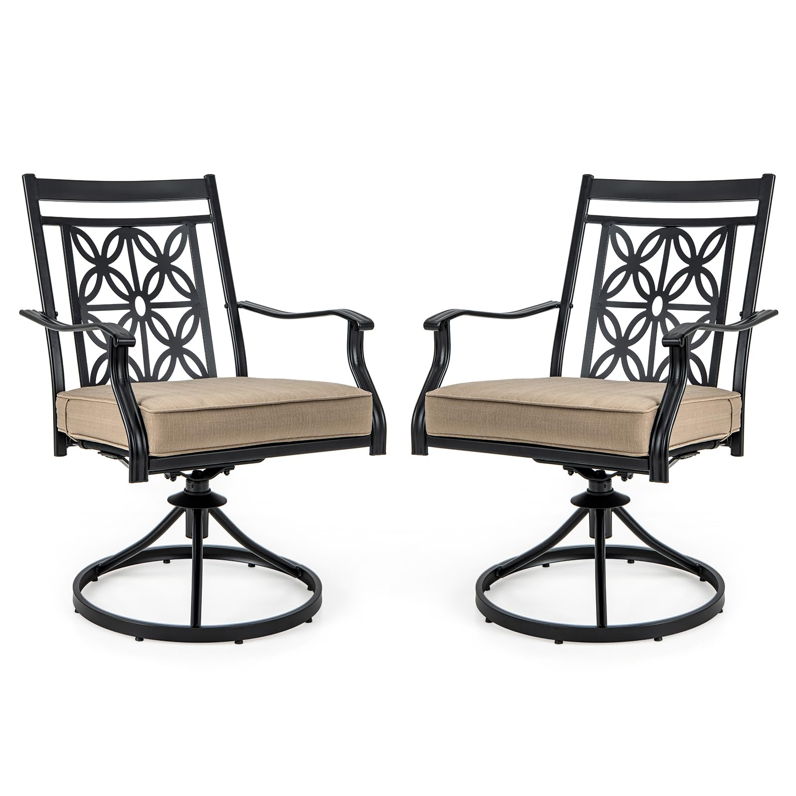 GOPLUS 2er Set Gartenstuhl 360 Grad drehbar, Balkonstuhl Terassenstuhl aus Metall bis 150kg, Drehstuhl Outdoor mit Rückenlehne & Armlehnen für Garten Hof Balkon (Braun)