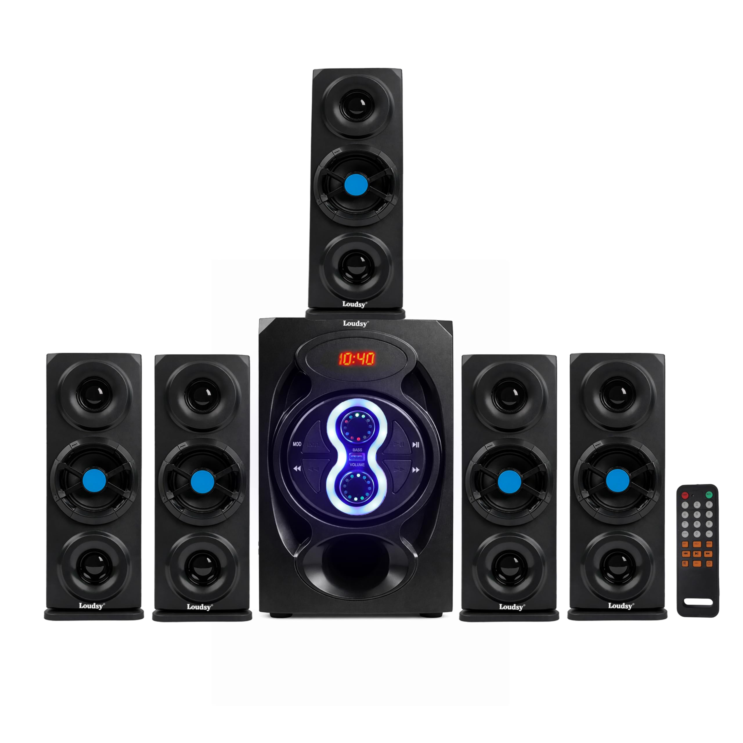 5.1 Home Theatre Speaker Music System with 100W Output, Bluetooth v5.1 with USB, AUX, FM Radio, Powerful Subwoofer, LED Display, Remote, for Party & Home Use (Black & Blue 5.1 Channel)