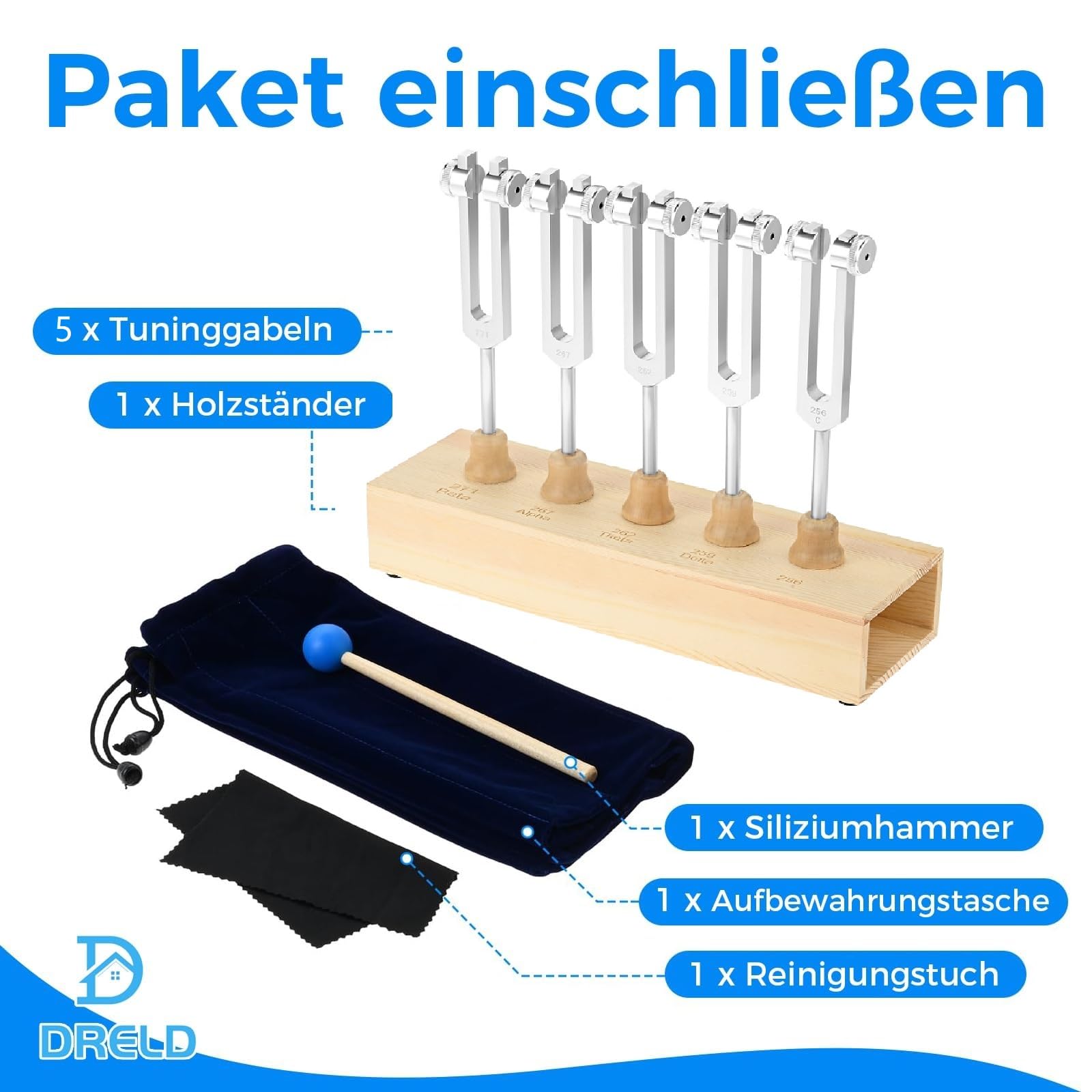 DRELD 5 Stimmgabel Set, Chakra Stimmgabel mit Holzständer, Aluminiumlegierung Tuner mit Silikonhammer Inbusschlüssel, für Heilung Klangtherapie Ausgleich Vibration (256HZ, 259HZ, 262HZ, 267HZ, 271HZ)