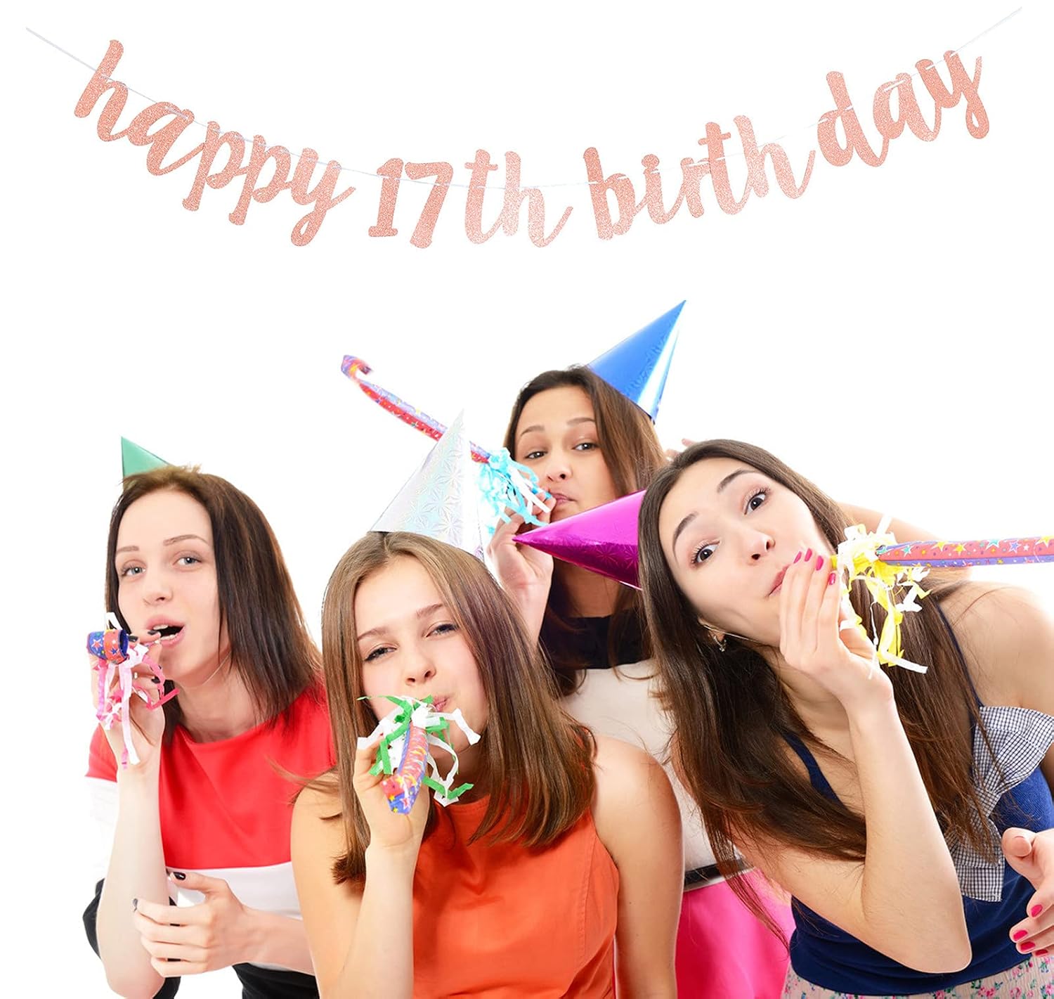 bng-bng 17th Birthday Banners Decorations For Girls Rose Gold Happy 17th Birthday Bunting Glittery Hanging Garland For Age 17 Seventeen Theme Party Decoration Photo Backdrop - Image 4