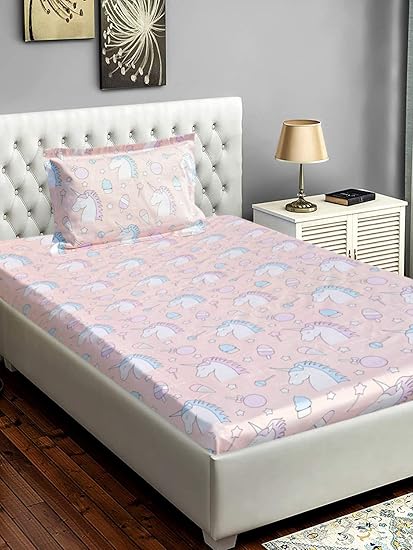 Slumber Cotton 300 TC Character Print Single Bed Designer Bedsheet for Kids with Pillow Cover-Pink (3B91SLOB02PINS1)