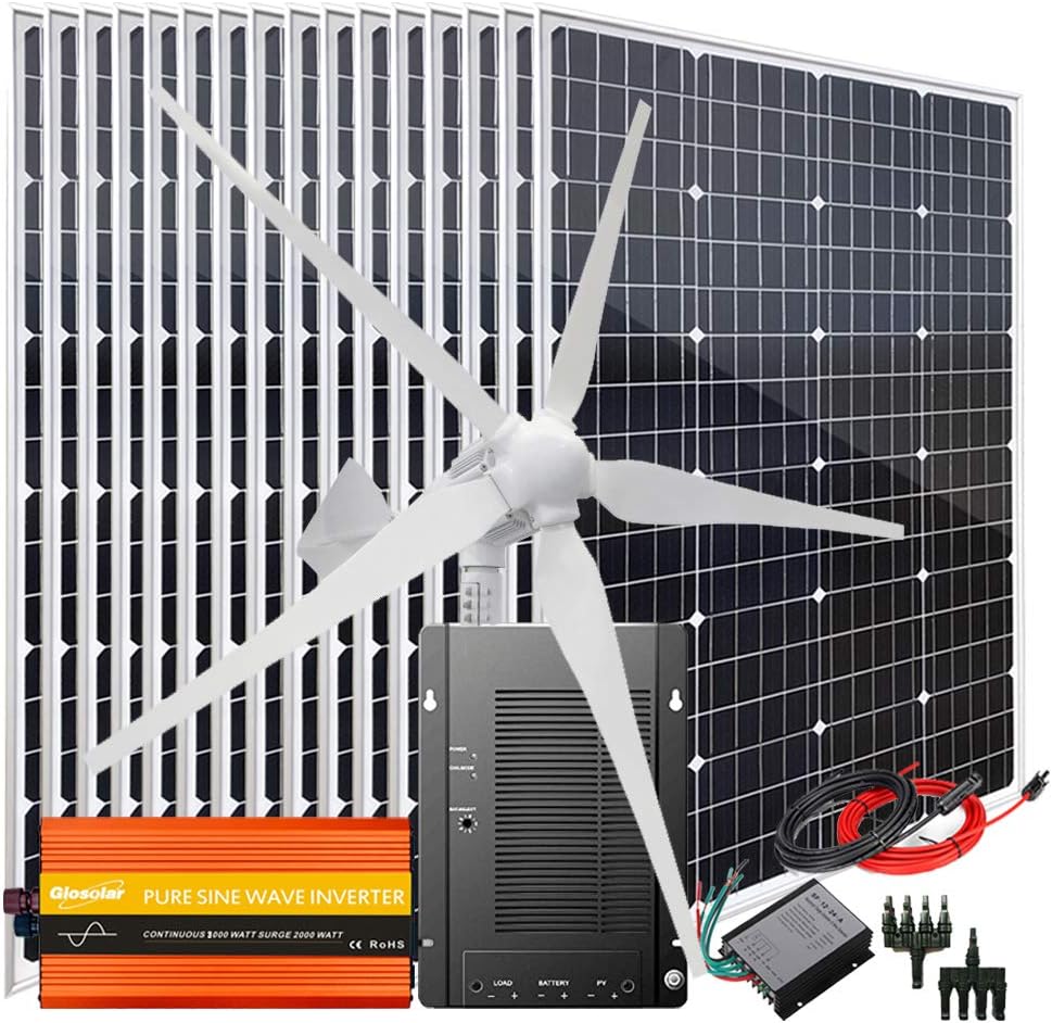 3000 Watt Solar Wind Kit Off Grid System 48V Battery Charger :20pcs 100W Mono Solar Panel + 1000W Wind Turbine Generator + 40A MPPT Charge Controller + 3000W Inverter Peak 6000W
