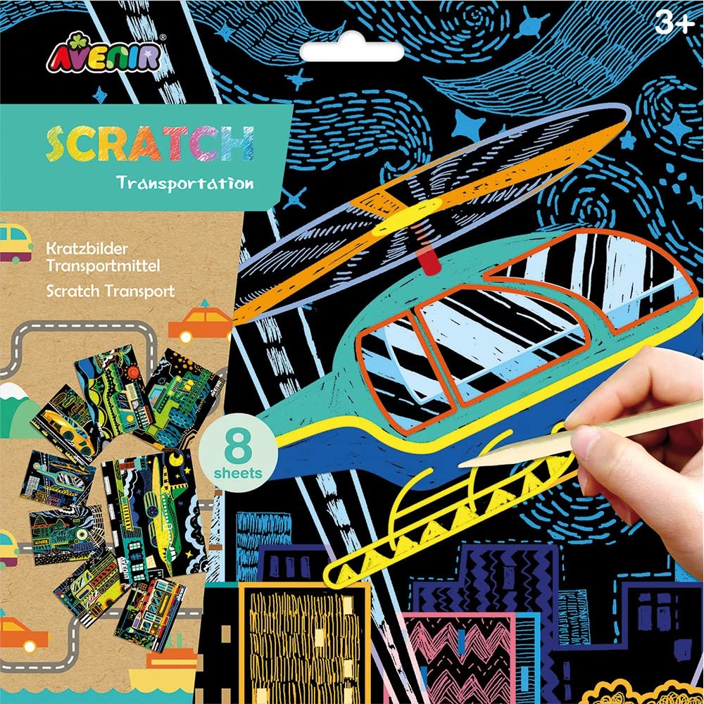 AvenirScratch Art Kit – Transportation | Unleash Creativity with Vibrant Drawings! 4 Themed Scratch Boards and Scratch Tool | Watch Brilliant Colors Unfold, Engaging Activity for Young Artists 3+