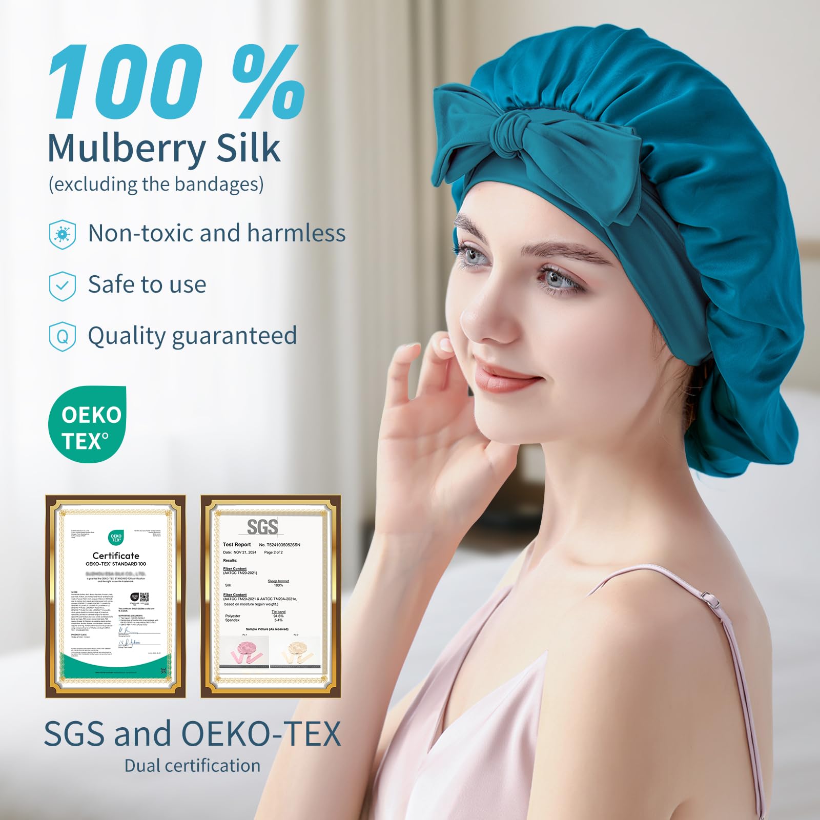 Silmana Silk Bonnet for Sleeping Women 22 Momme Double-Layer Silk Hair Wrap for Sleeping 100% Mulberry Silk - Image 2