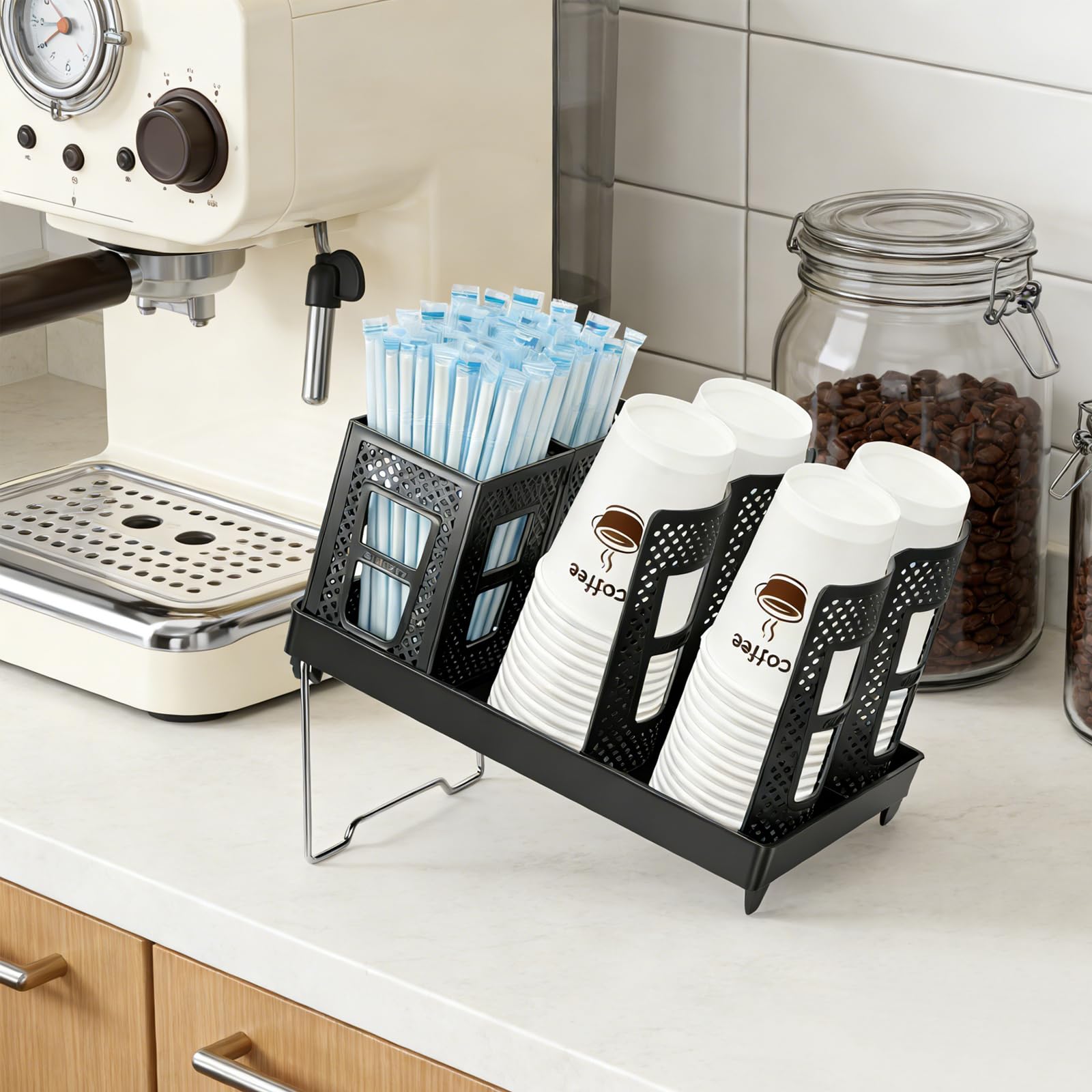 Tassen- und Deckelhalter, Kaffeebecherhalter mit Strohhalm-Aufbewahrungsbox, 6 Fächer Einweg Tassenspender, Einweg Kaffeetassen Organizer für Kaffeestation, Bar, Zuhause, Büro