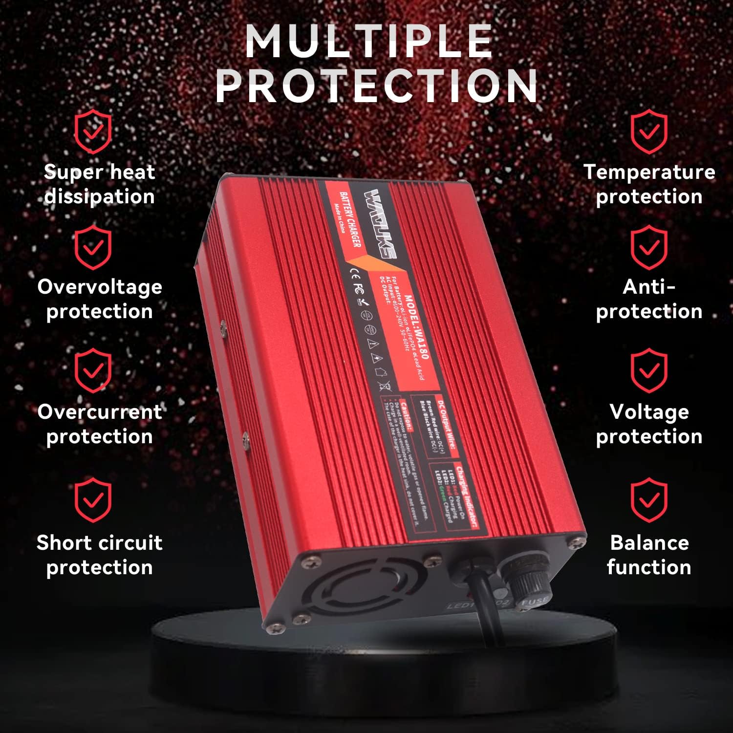 54.6V 3A Li-ion Battery Charger Red Aluminum Case with Cooling Fan for 13S 48V 10Ah 15Ah 20Ah 30Ah 40Ah Lithium Li-ion Battery Pack with 5 Plugs Plug Connector