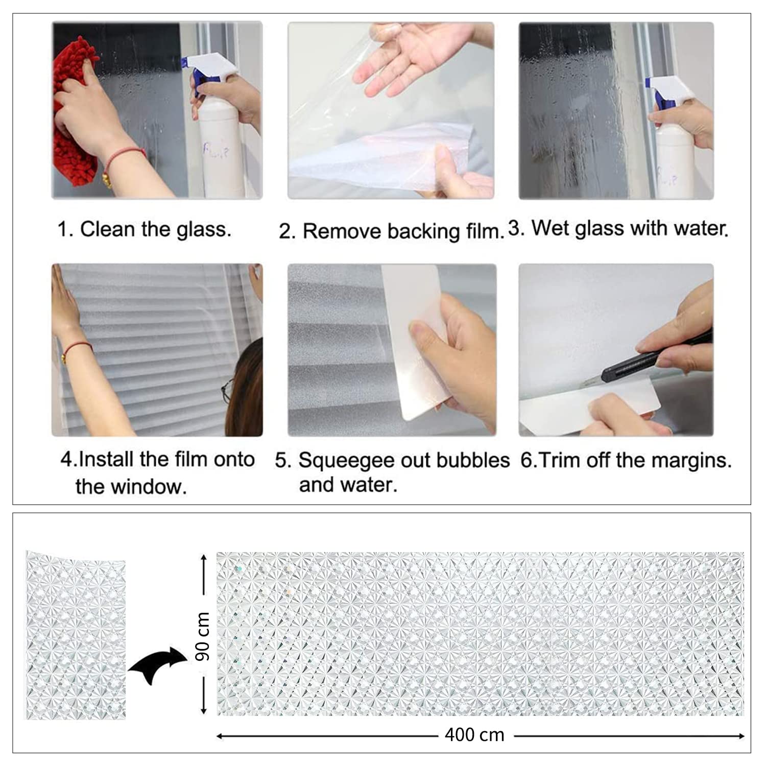 Film de confidentialité non adhésif pour fenêtre - Film électrostatique anti-UV pour bureau, salle de bain, salon et bureau (90 x 400 cm)
