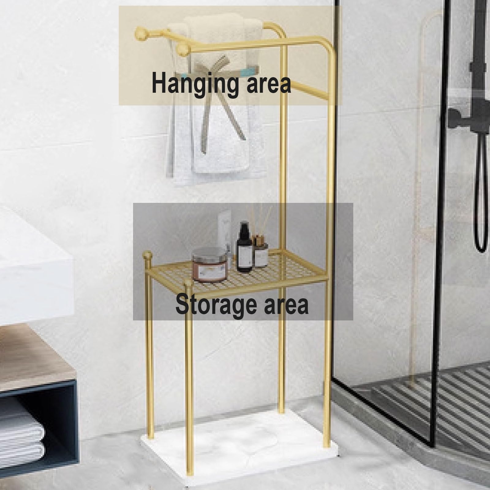 Porta Asciugamani Da Terra Con Mensola Fatto Di Ferro 2 Opzioni Di Archiviazione Piantana Porta Accappatoio Con Base in Marmo Nero, Oro(40 * 30 * 120CM)(Black)