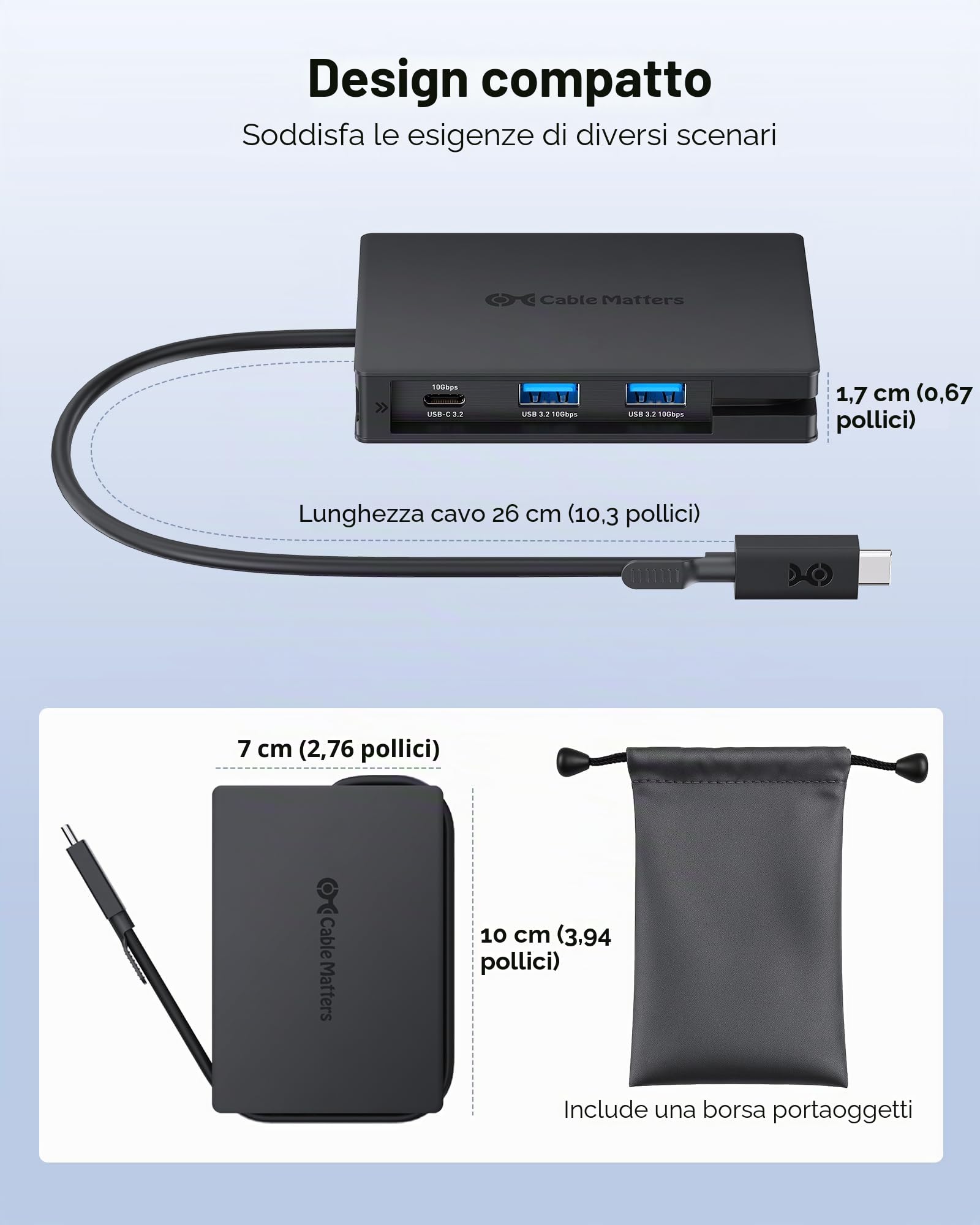 Cable Matters Hub USB-C 8 in 1 doppio HDMI, PD 140 W | PD 140 W, Ethernet Gigabit, Dati 10 Gbit/s su 3 porte USB-C/USB-A e 1 porta USB2.0