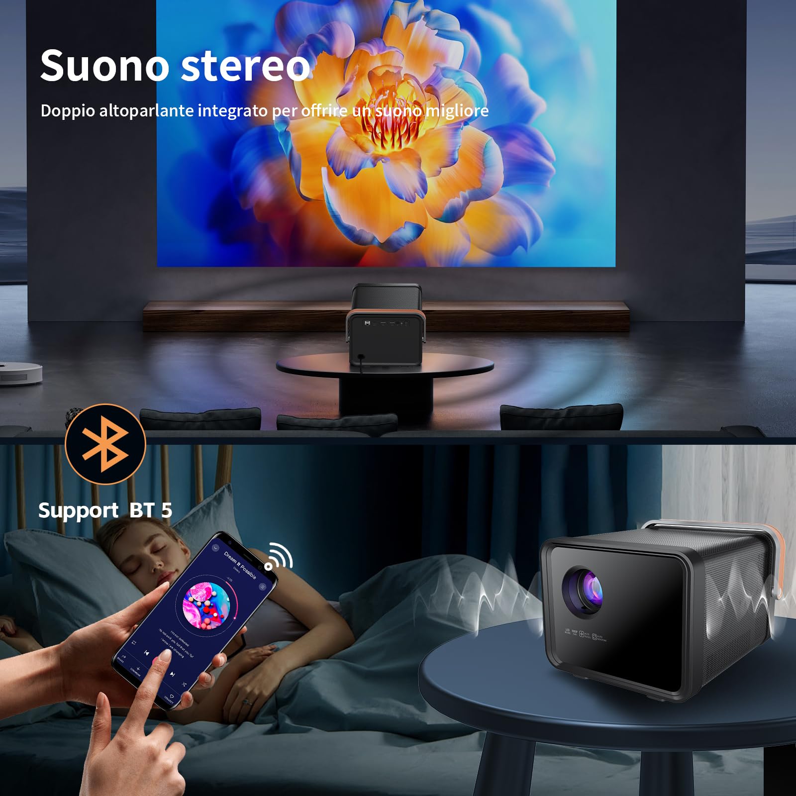 Proyector inteligente, proyector estéreo Cwowdefu 1080P con corrección trapezoidal automática, enfoque automático, función de evitación automática, funciones con WiFi 6, Bluetooth 5, compatible con iP