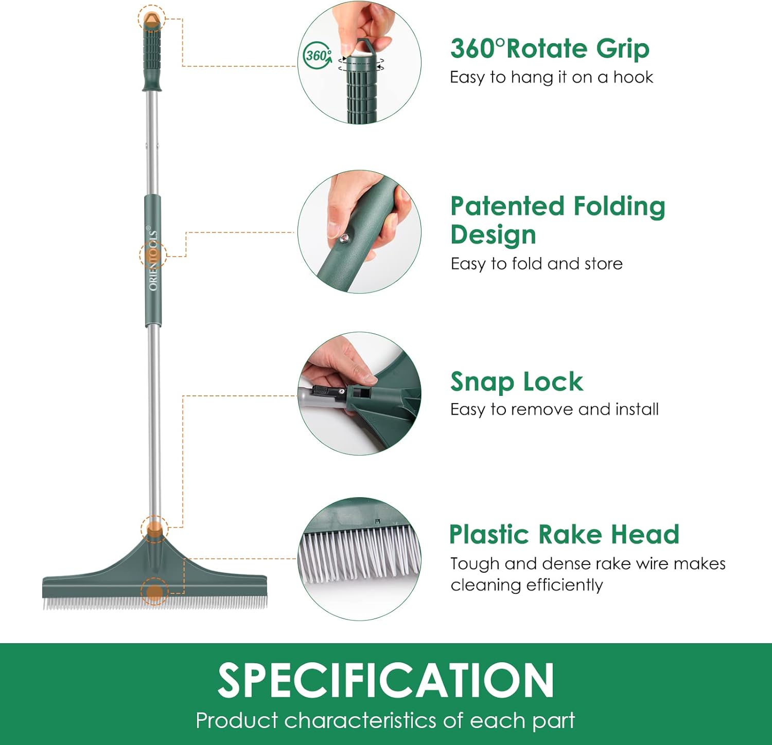 ORIENTOOLS Artificial Turf Rake, 51" Foldable Artificial Grass Rake with Adjustable Steel Handle, Lawn Broom Brush for Astroturf, Carpet Rake Pet Hair, Grass Leaves and Debris