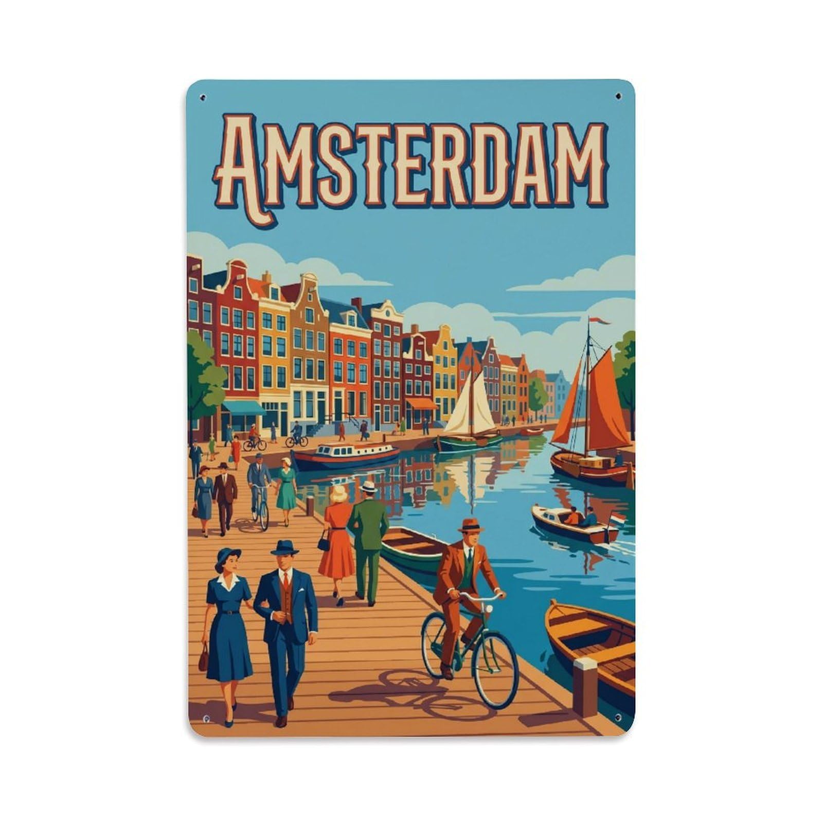 Okngb Style Waterfront Boardwalk Canal Classic Amsterdam Tourism Metal Tin Sign Plaque Wall Decor For Cafe, Man Cave, Club Bar, Office, Home Garden Round Metal Poster 8X12inch
