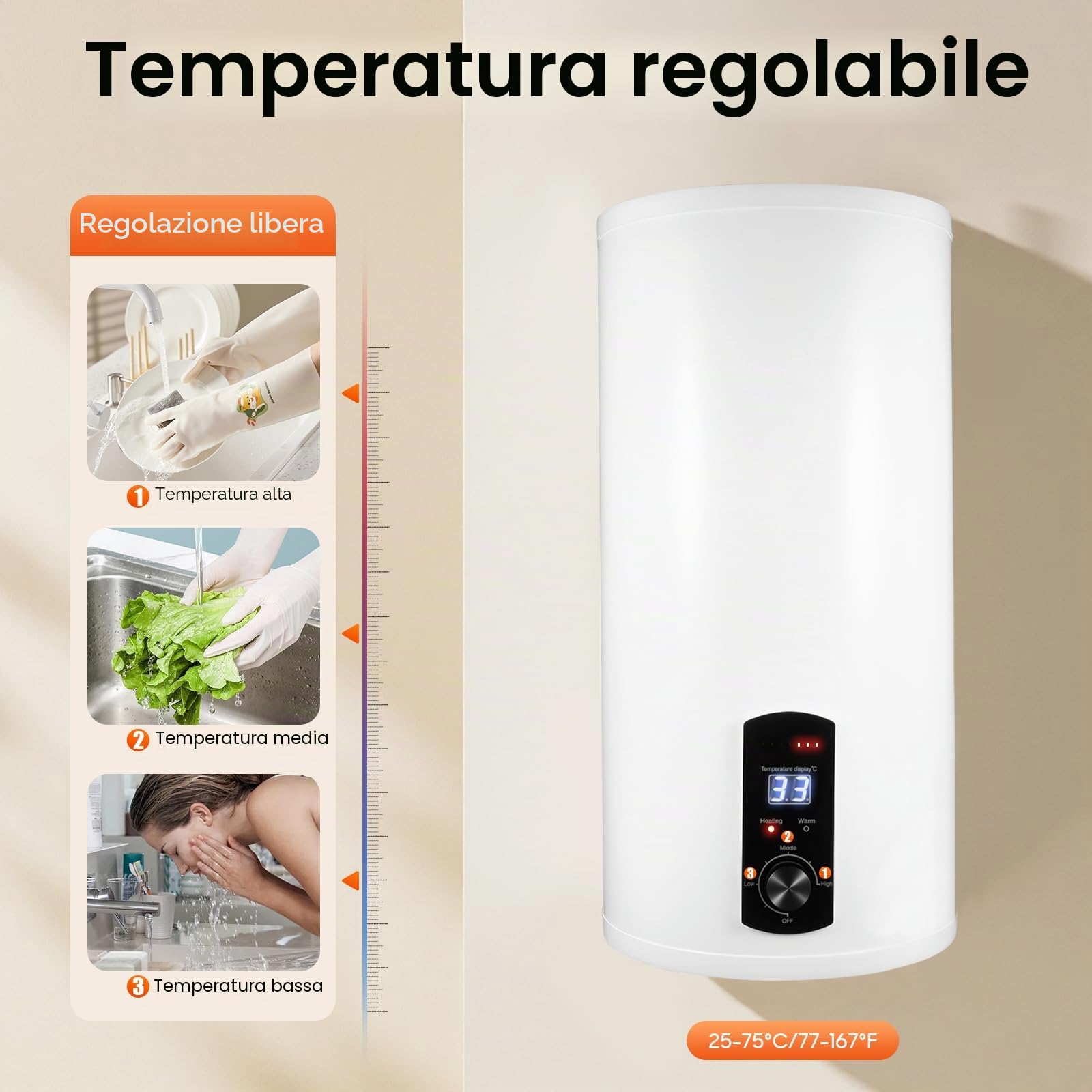 Scaldacqua istantaneo con serbatoio da 80 litri, scaldabagno elettrico con rubinetto e doccetta, dispositivo con contenitore interno smaltato, scaldabagno digitale con indicatore LED per bagno