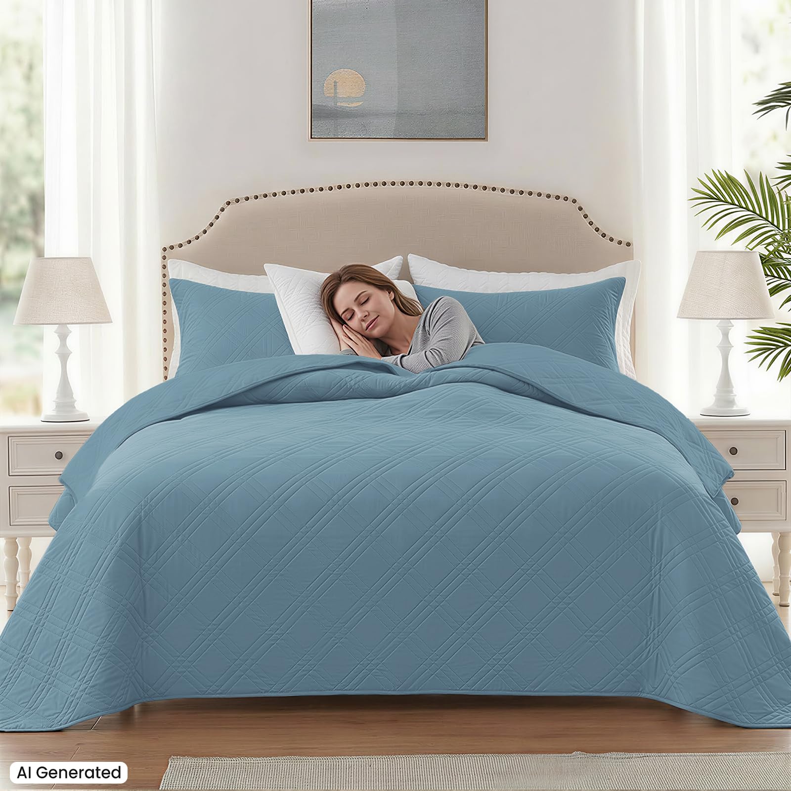 Gesteppt Tagesdecke 220x260cm, Steppdecke Doppelseitiges Design, Tagesdecke Knitterarme Und Atmungsaktive, Mikrofaser Bettdecke Mit Prägemuster, Weich, Hellblau